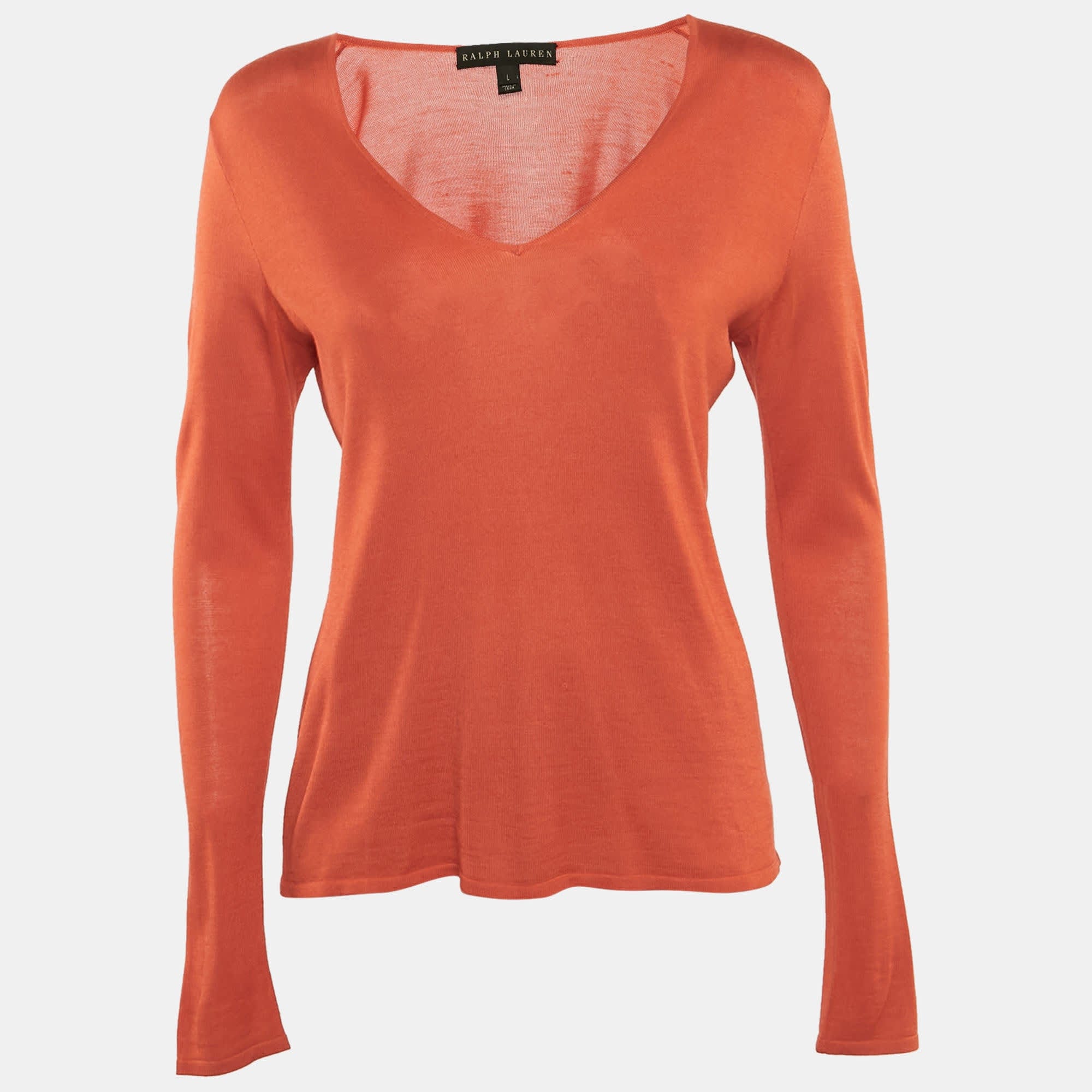 Ralph Lauren Orange Silk And Cashmere Long Sleeve Sweater Top