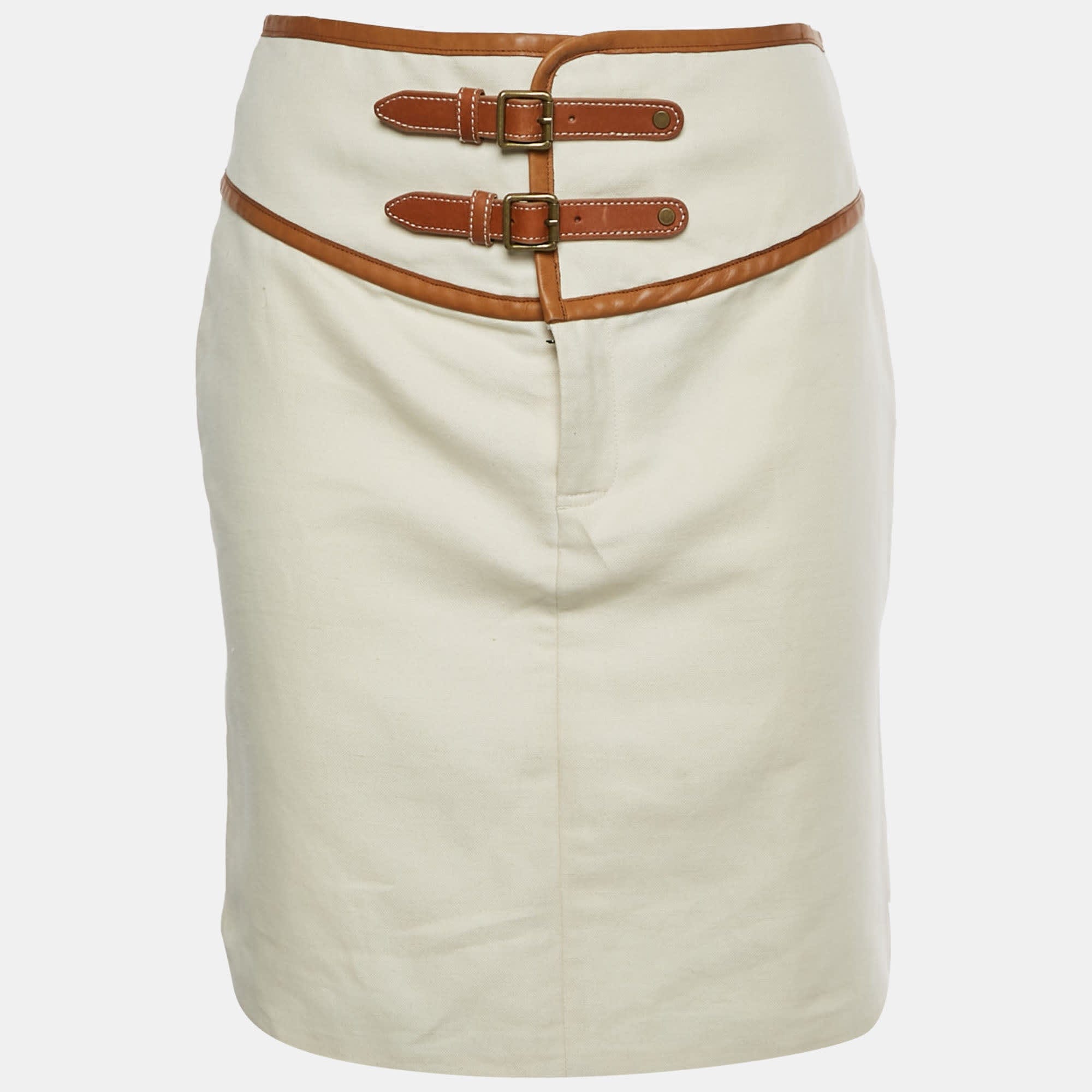 Ralph Lauren Beige Canvas And Leather Trim Mid Length Skirt