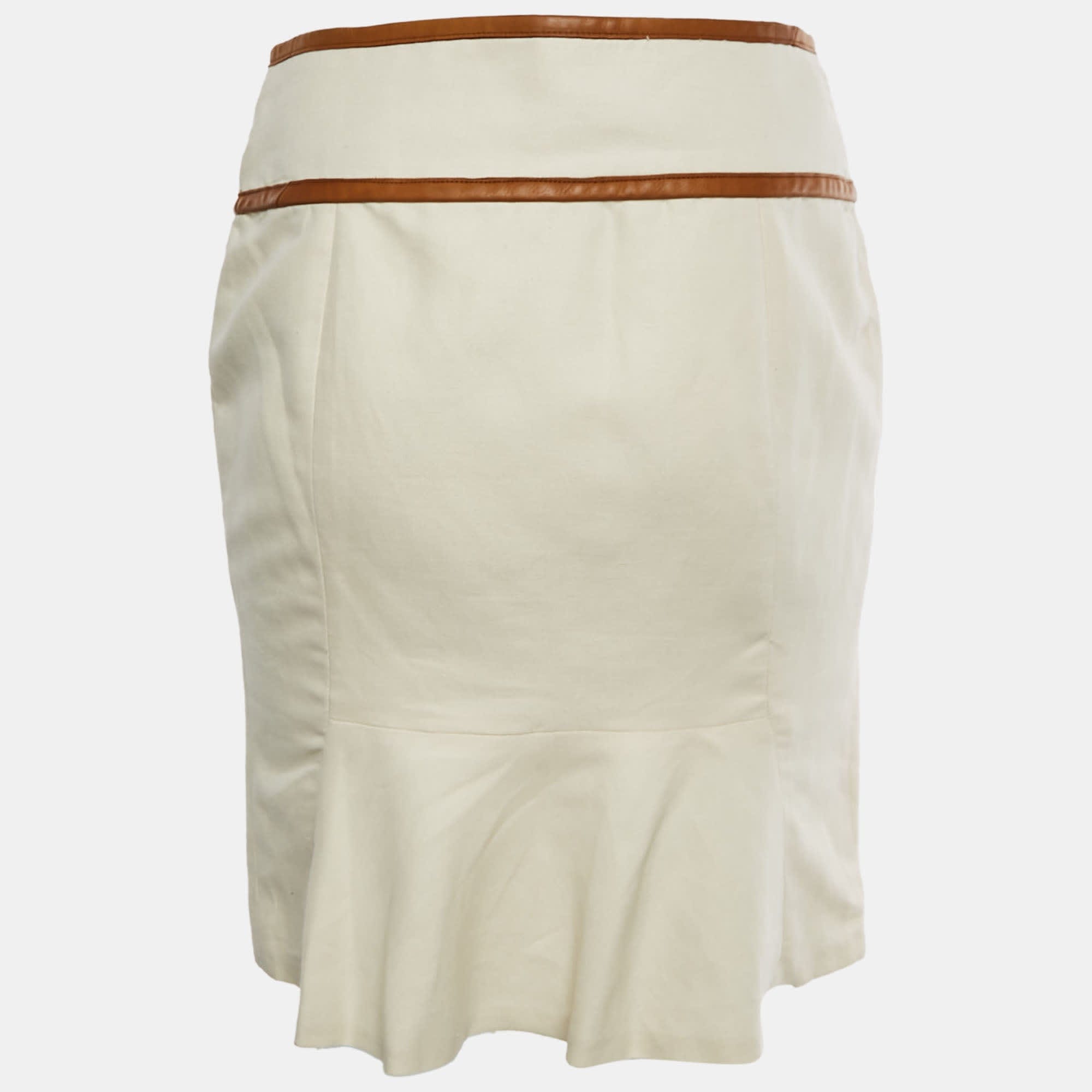 Ralph Lauren Beige Canvas And Leather Trim Mid Length Skirt