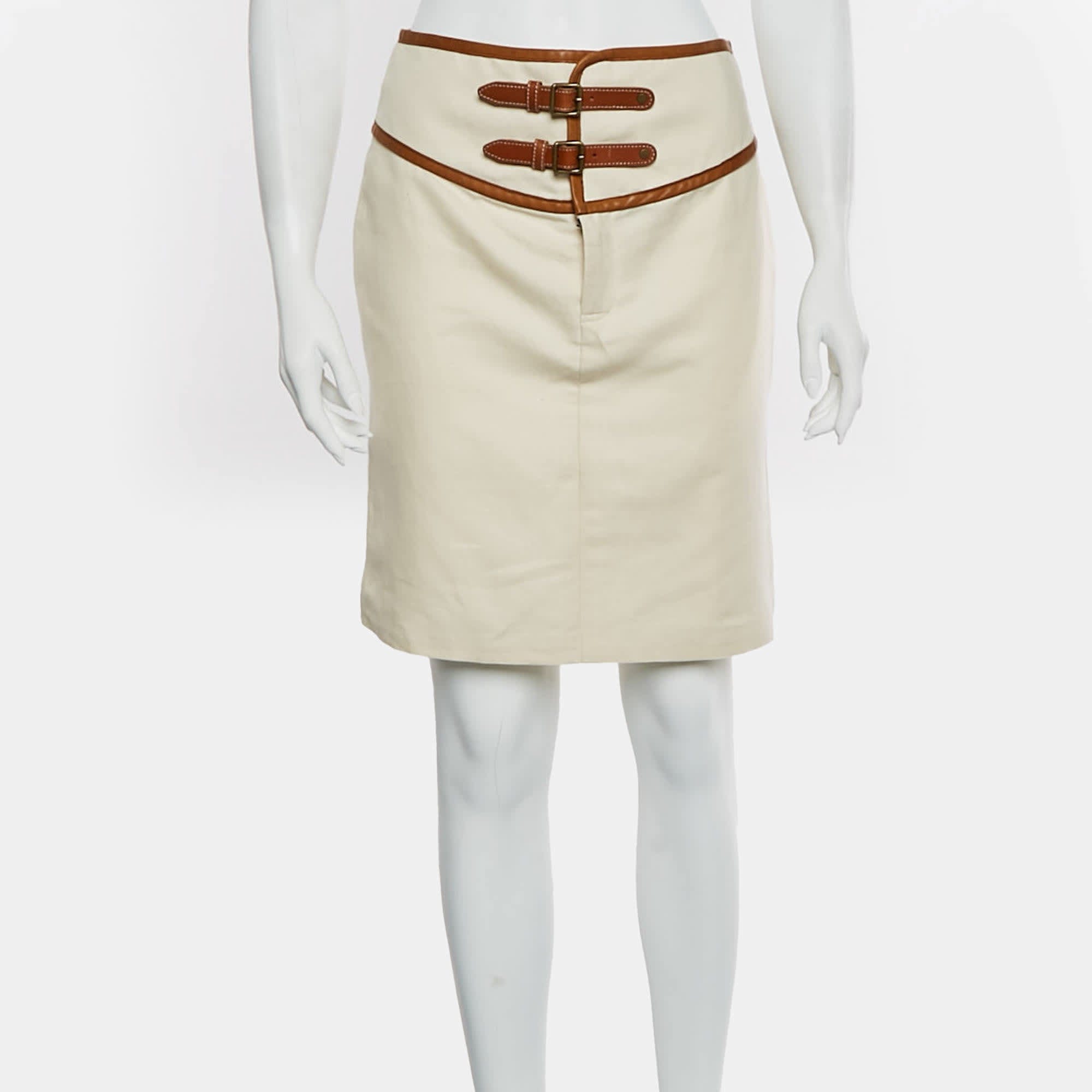 Ralph Lauren Beige Canvas And Leather Trim Mid Length Skirt