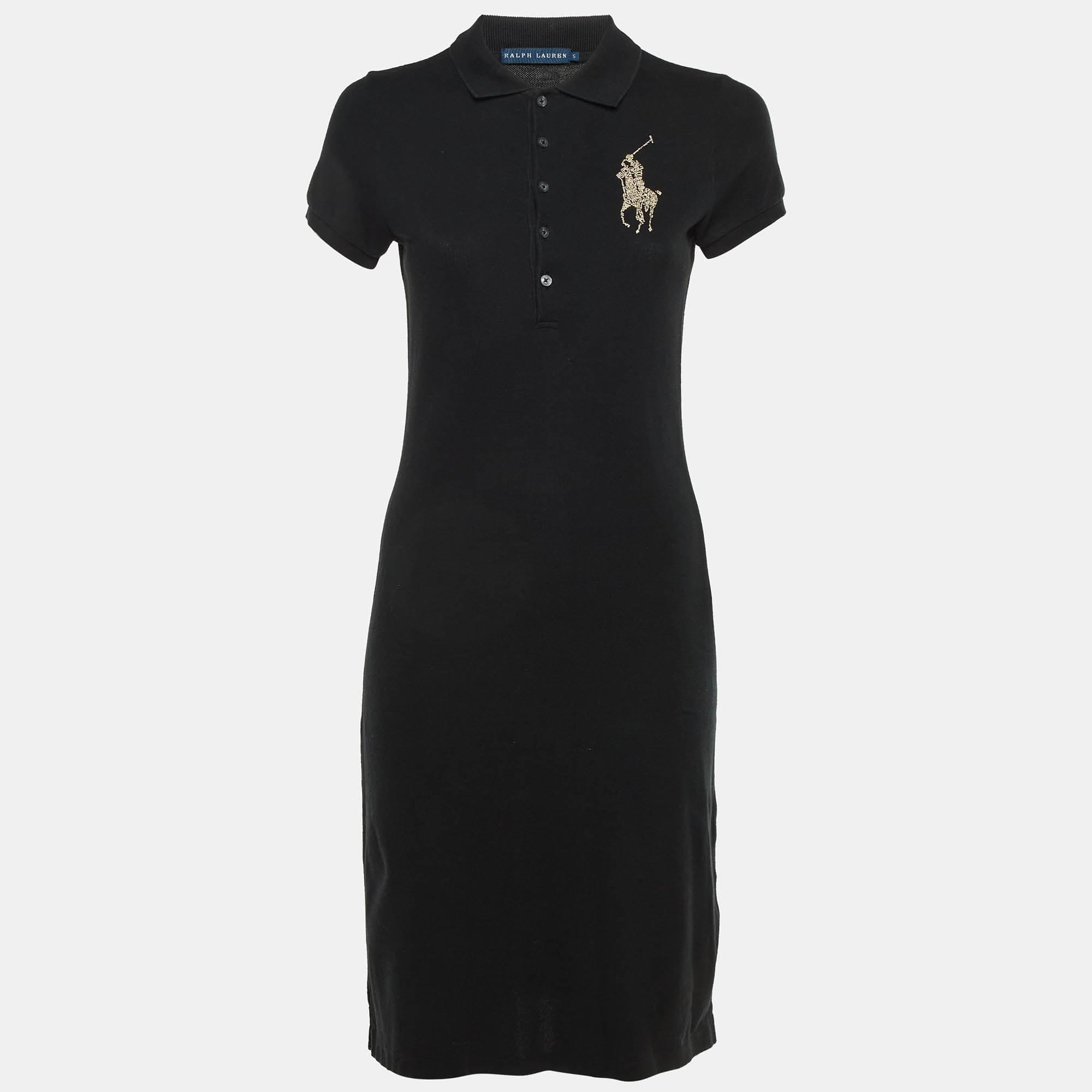 Ralph Lauren Black Cotton Embellished Logo Polo Dress