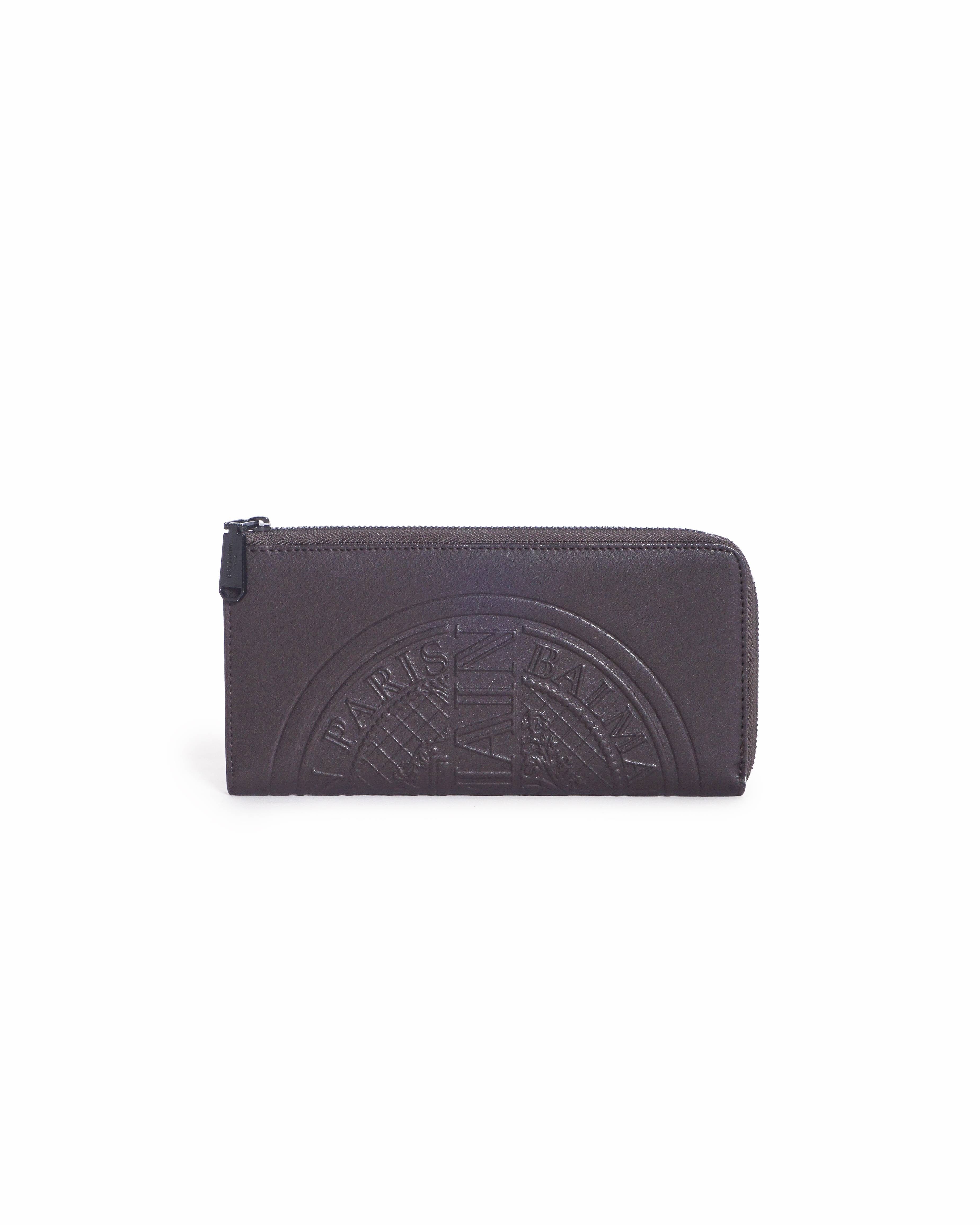 Balmain Dark Brown Embossed Leather Zip - Around Wallet