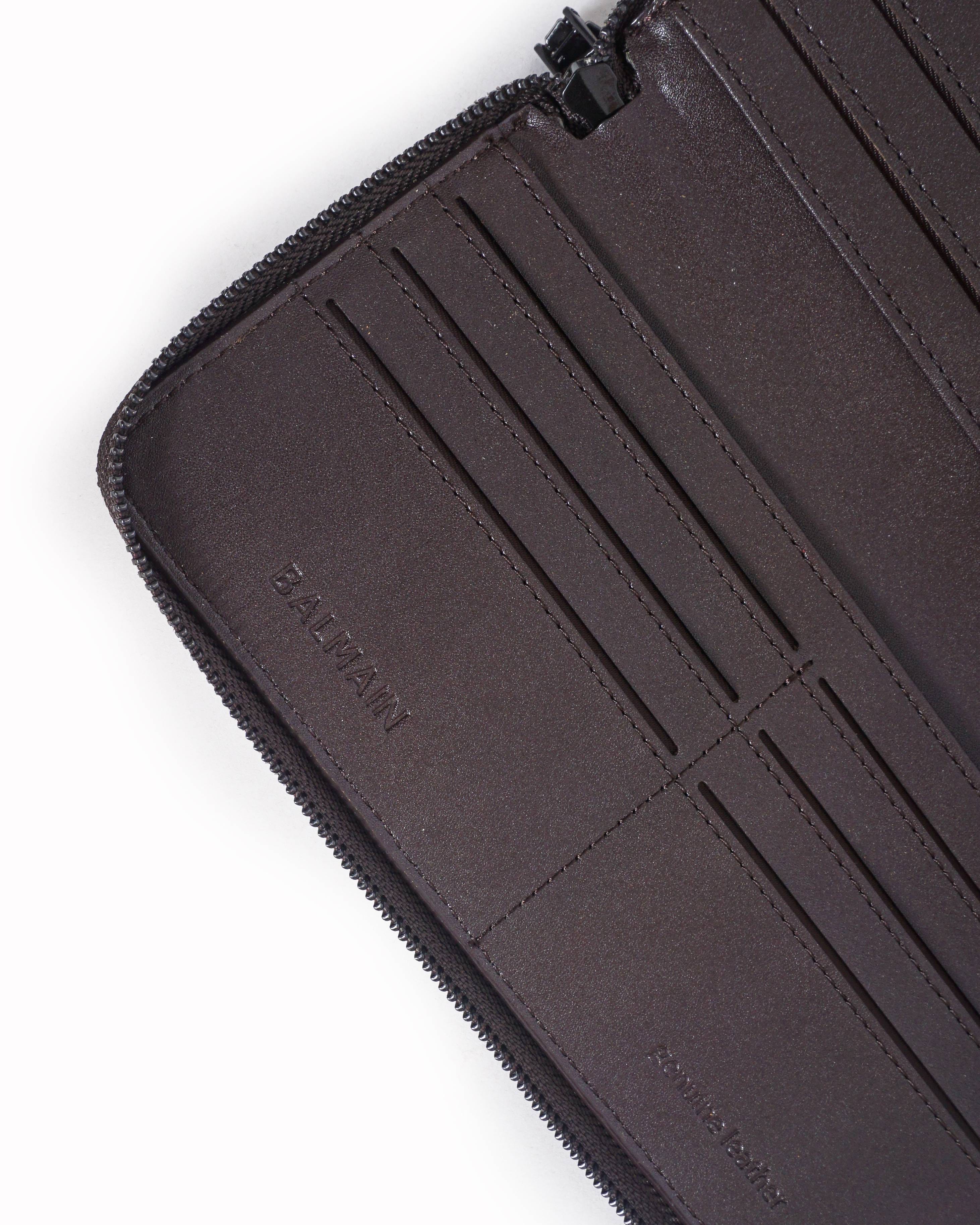 Balmain Dark Brown Embossed Leather Zip - Around Wallet