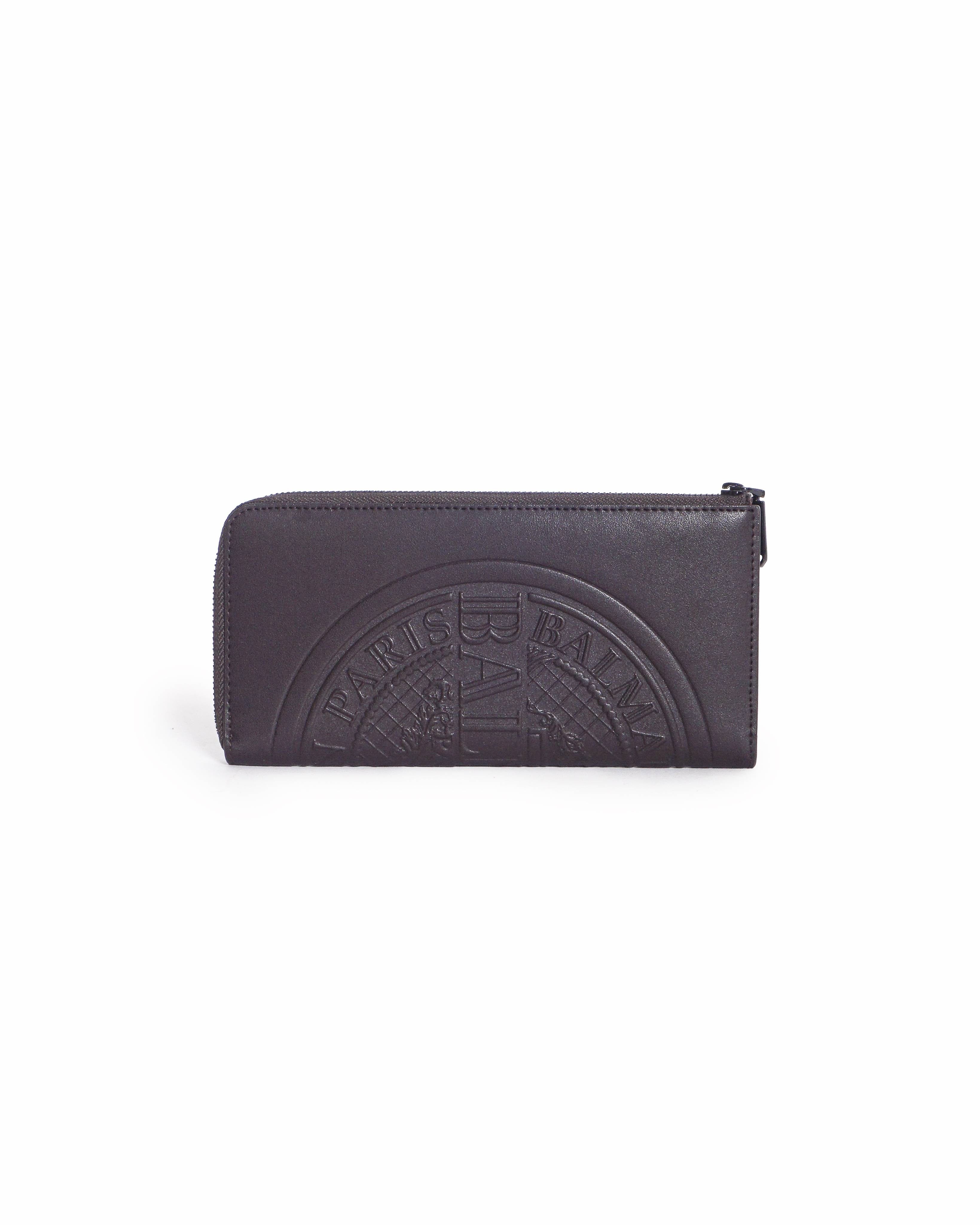 Balmain Dark Brown Embossed Leather Zip - Around Wallet