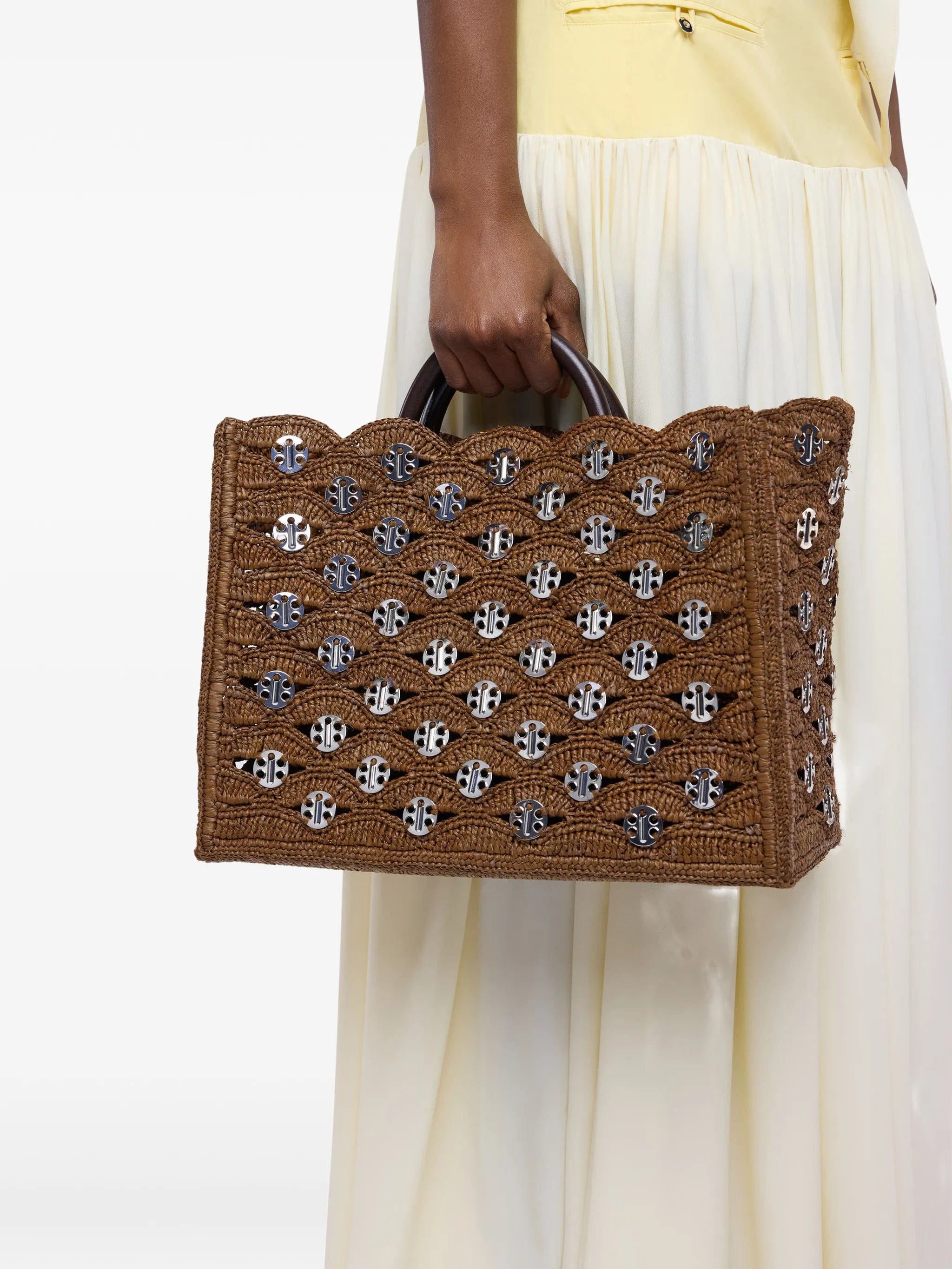 Rabanne 1969 disc - embellished raffia tote bag