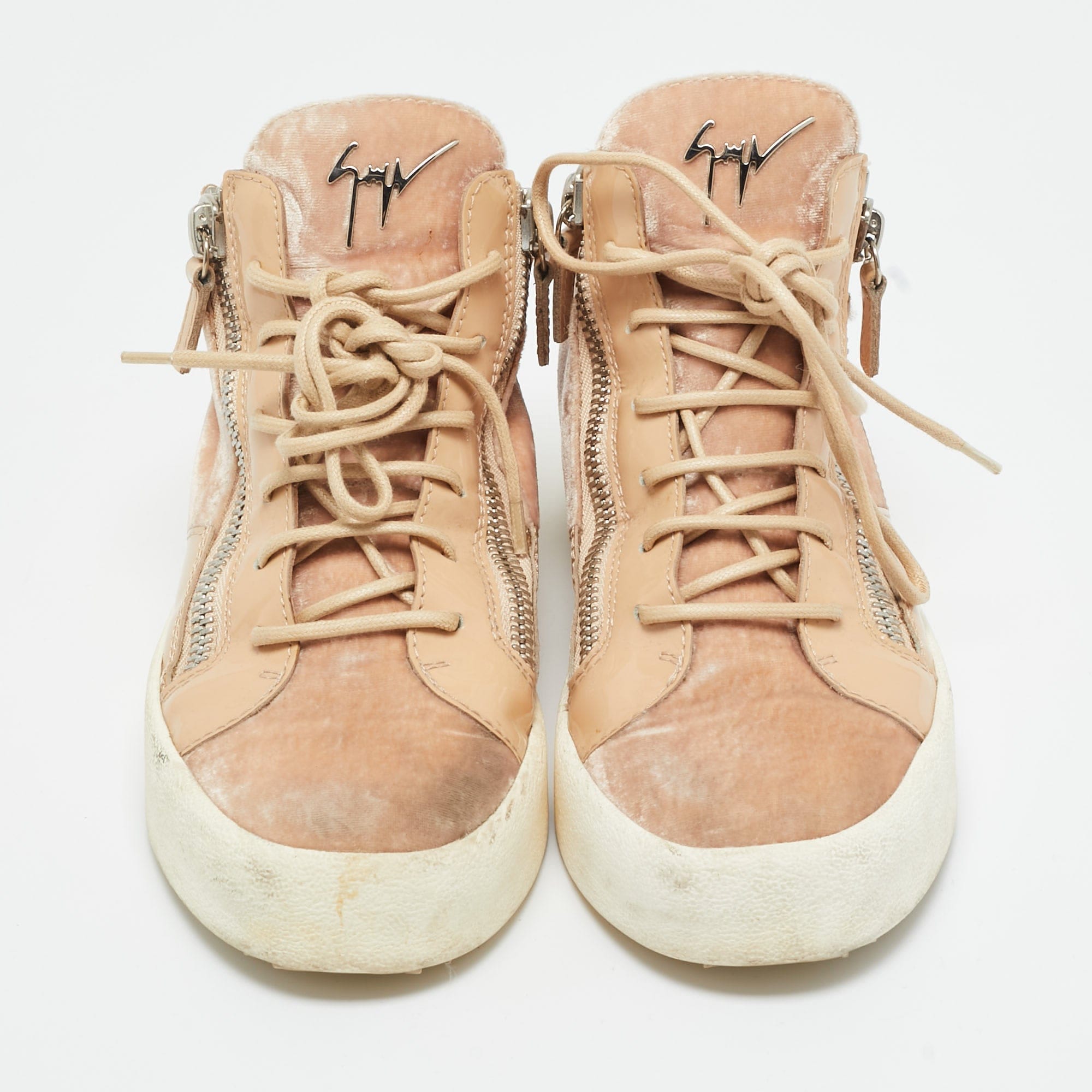 Giuseppe Zanotti Pink/beige Leather And Patent Leather Mid Top Sneakers