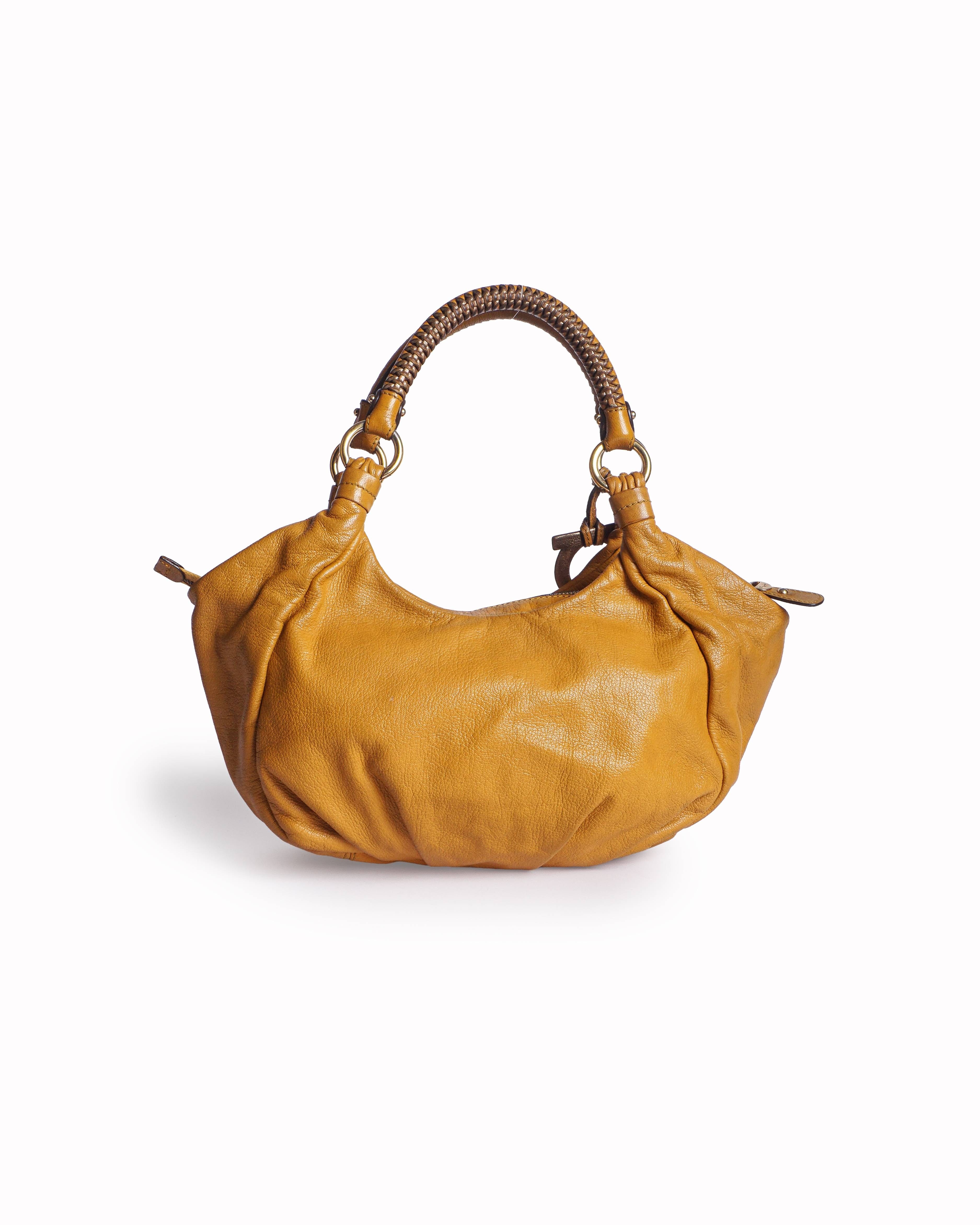 Salvatore Ferragamo Mustard Yellow Pebbled Leather Marisa Hobo Bag