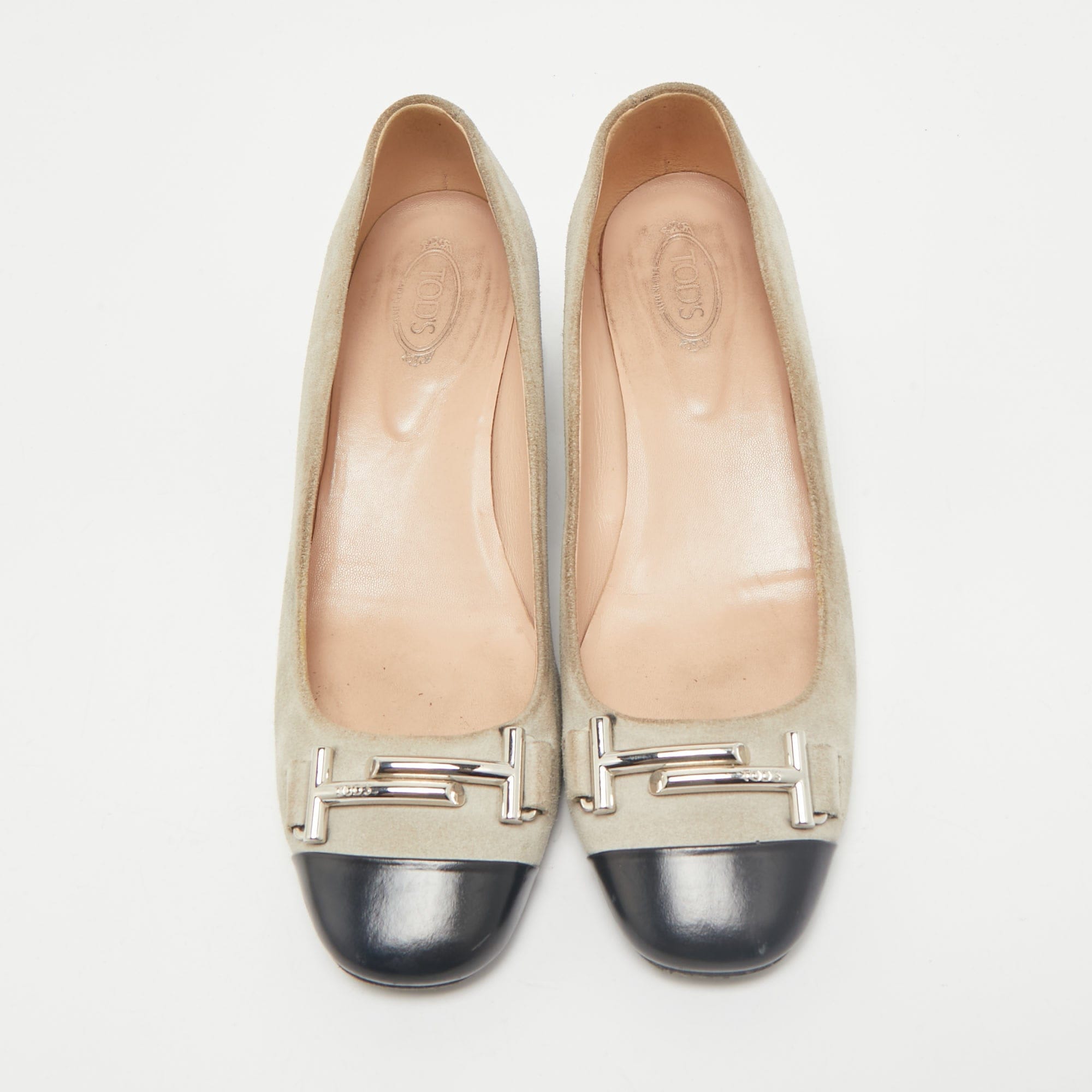 Tod's Navy Grey/black Suede And Leather Double T Court Loafer Pumps