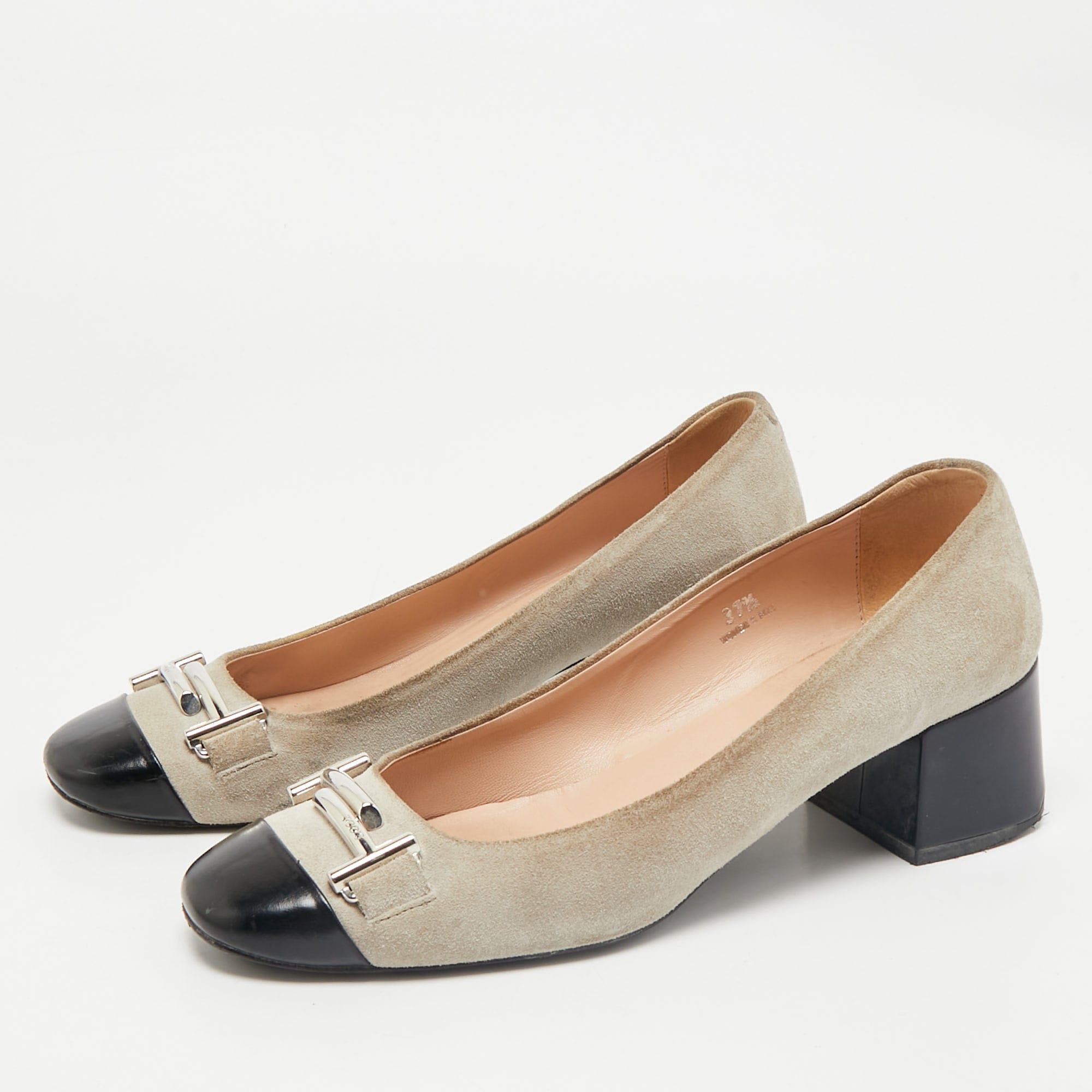 Tod's Navy Grey/black Suede And Leather Double T Court Loafer Pumps