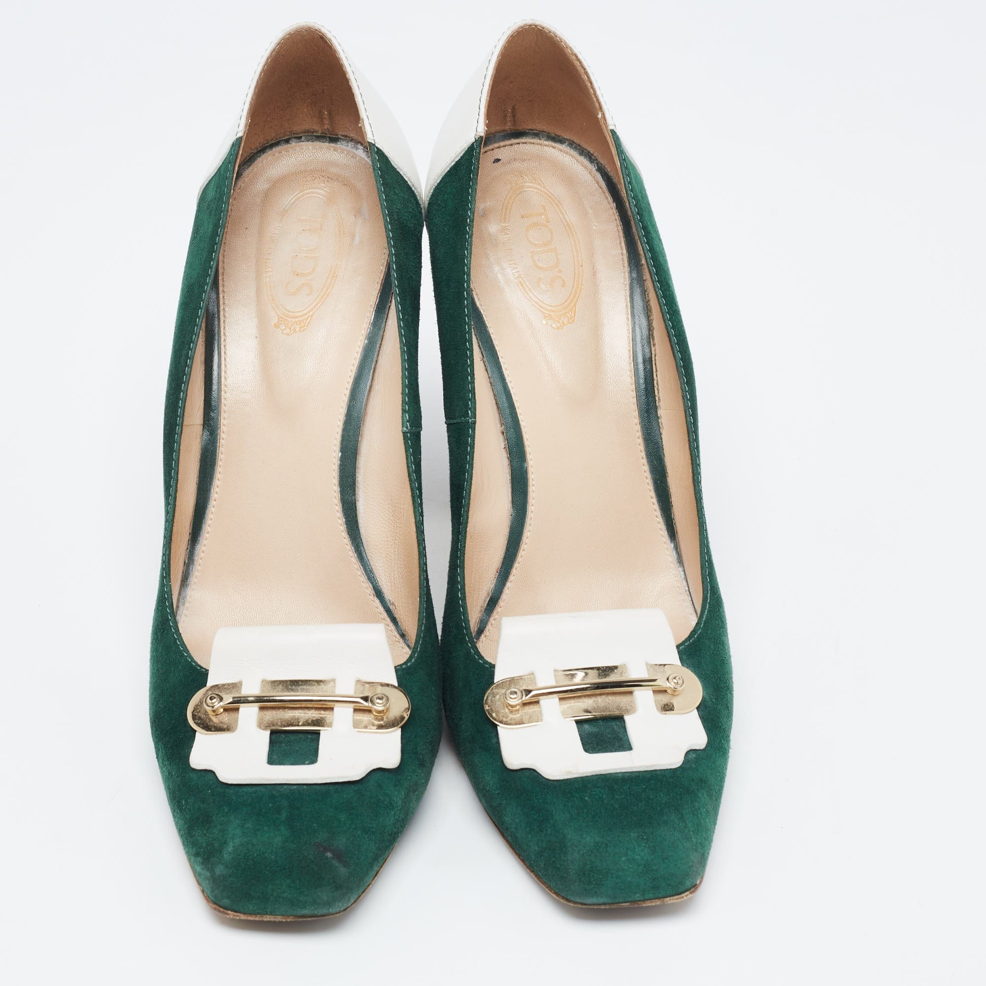 Tod's Green/white Leather And Suede Loafer Pumps