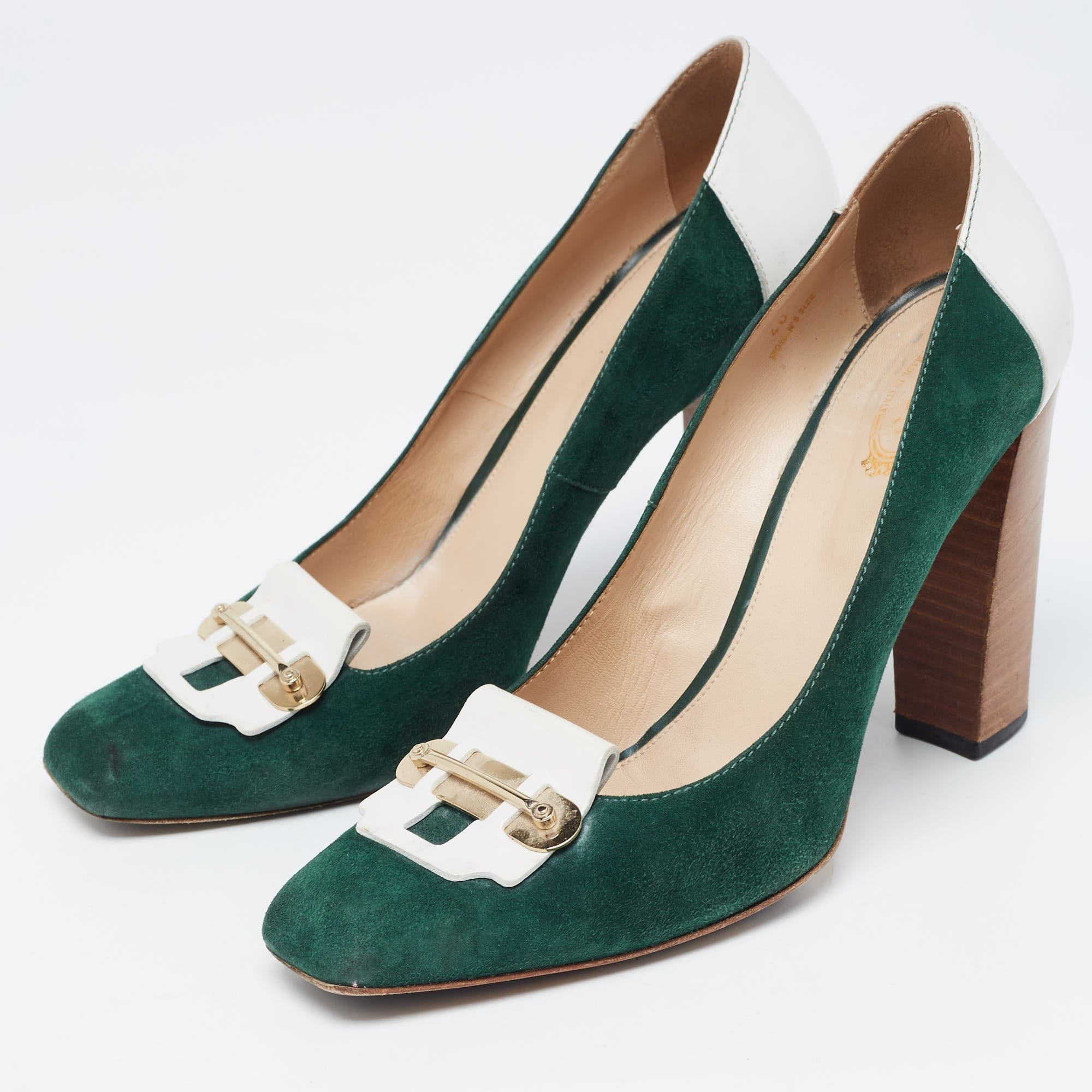 Tod's Green/white Leather And Suede Loafer Pumps