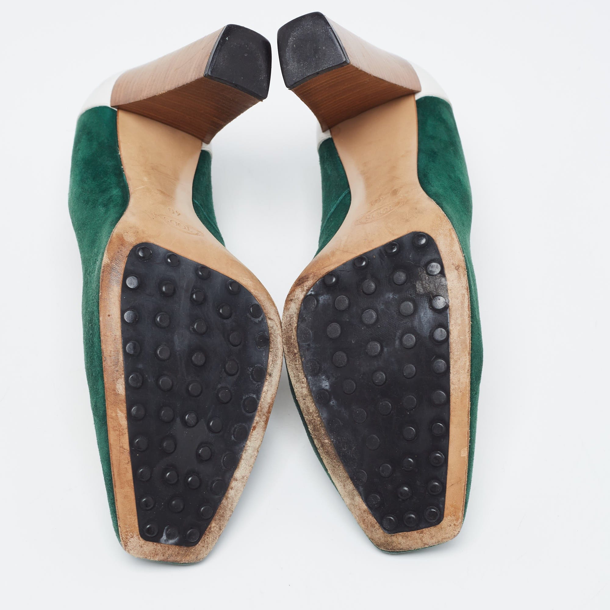 Tod's Green/white Leather And Suede Loafer Pumps
