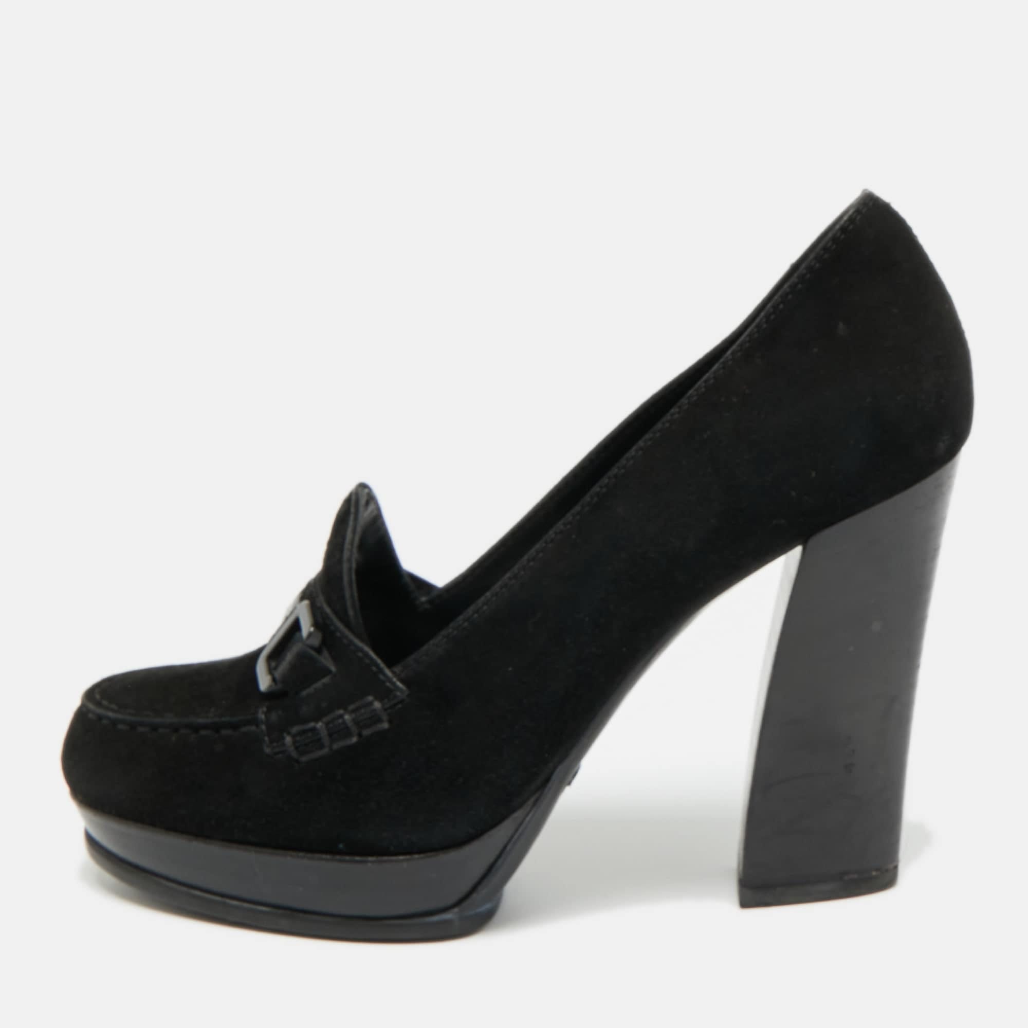 Tod's Size 37.5 Black Suede Block Heel Loafer Pumps
