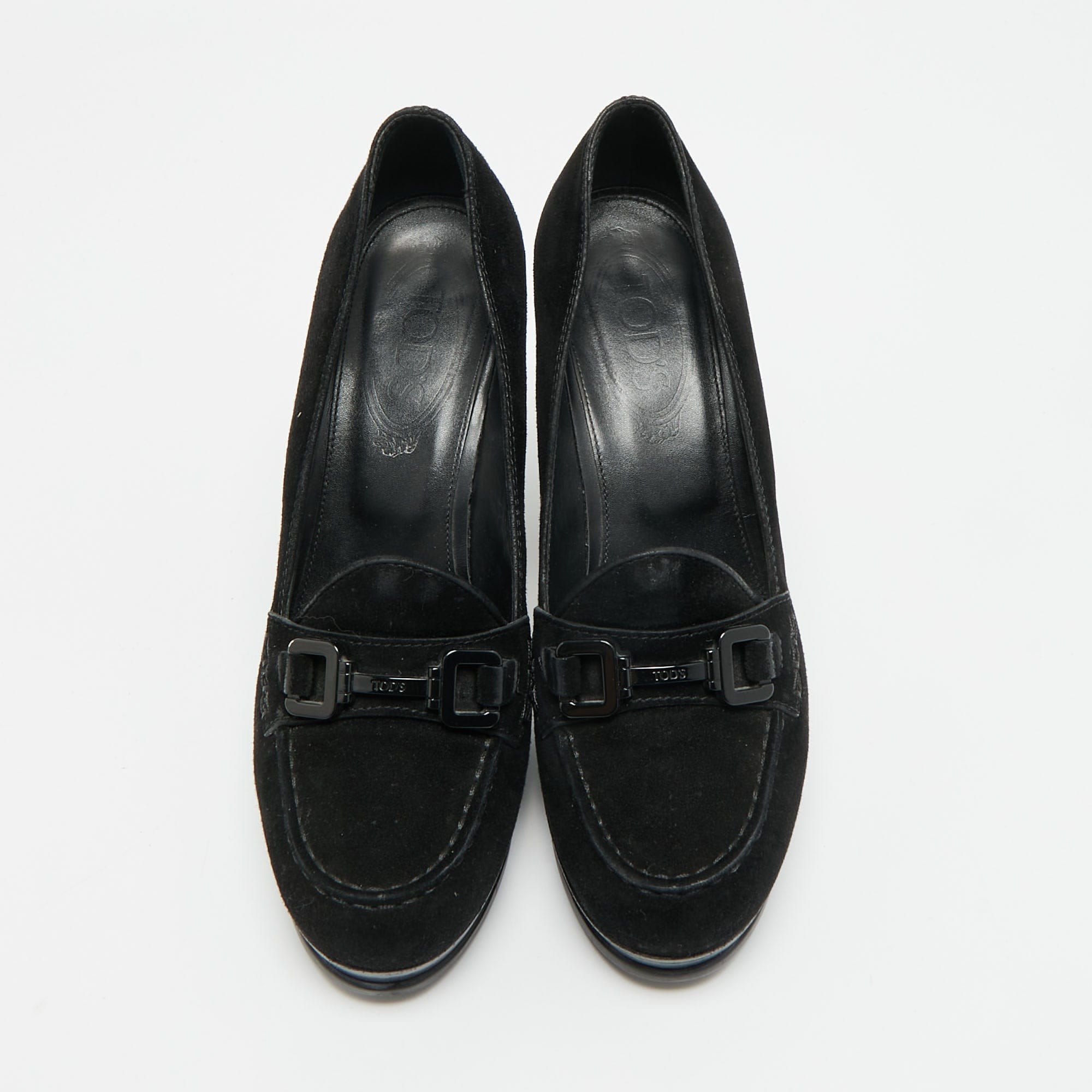 Tod's Size 37.5 Black Suede Block Heel Loafer Pumps