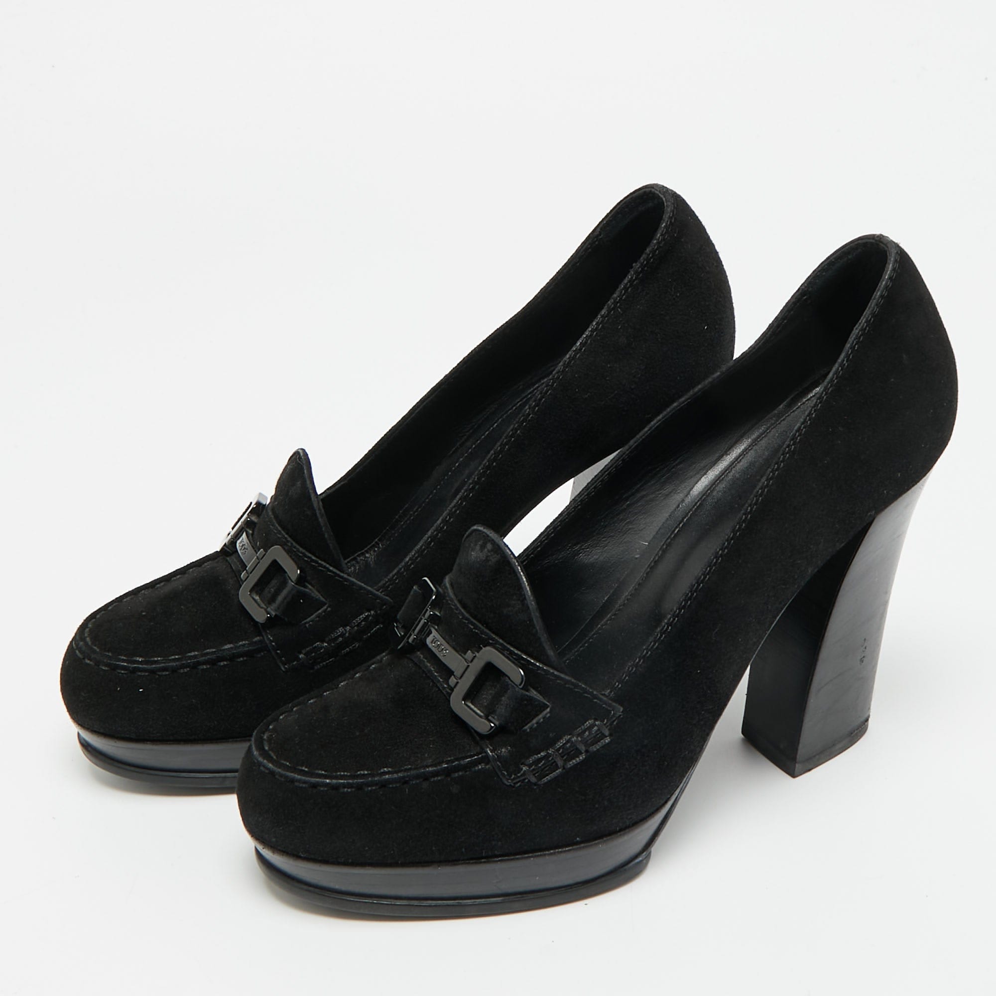 Tod's Size 37.5 Black Suede Block Heel Loafer Pumps
