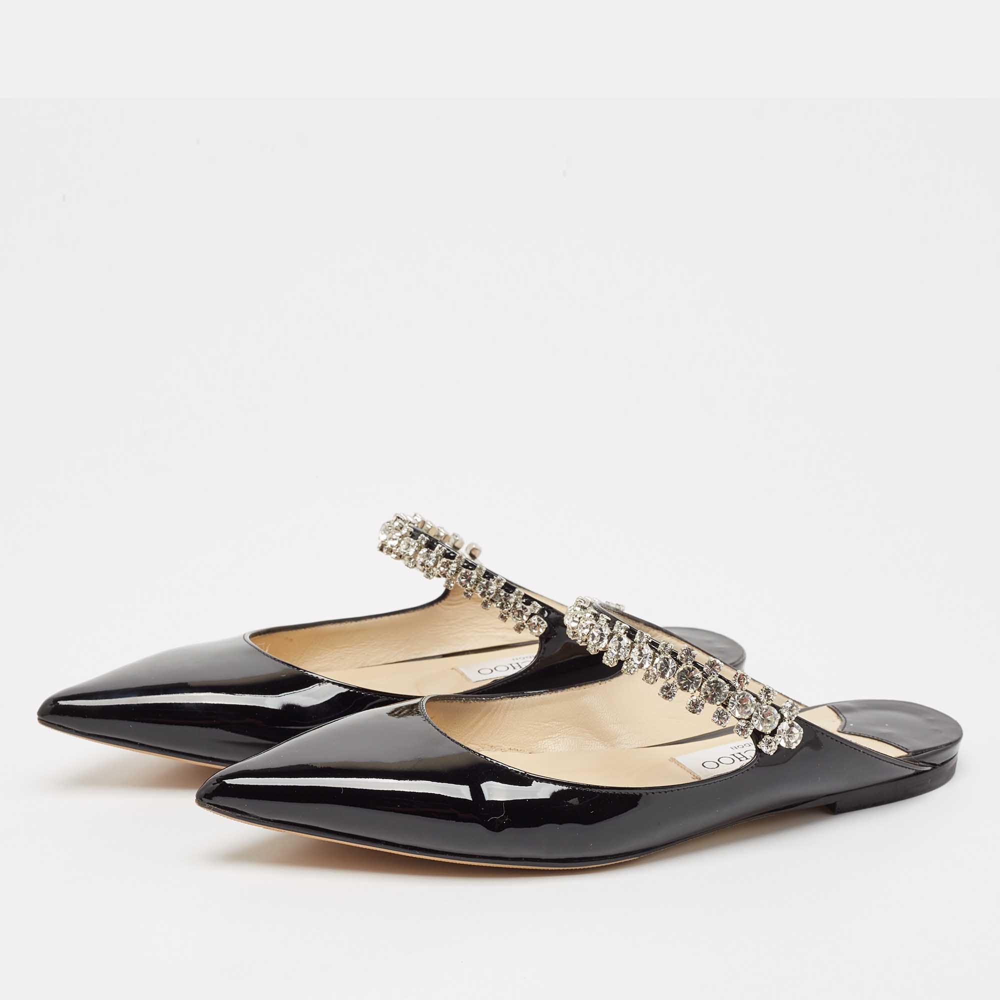 Jimmy Choo Black Patent Leather Bing Flat Mules