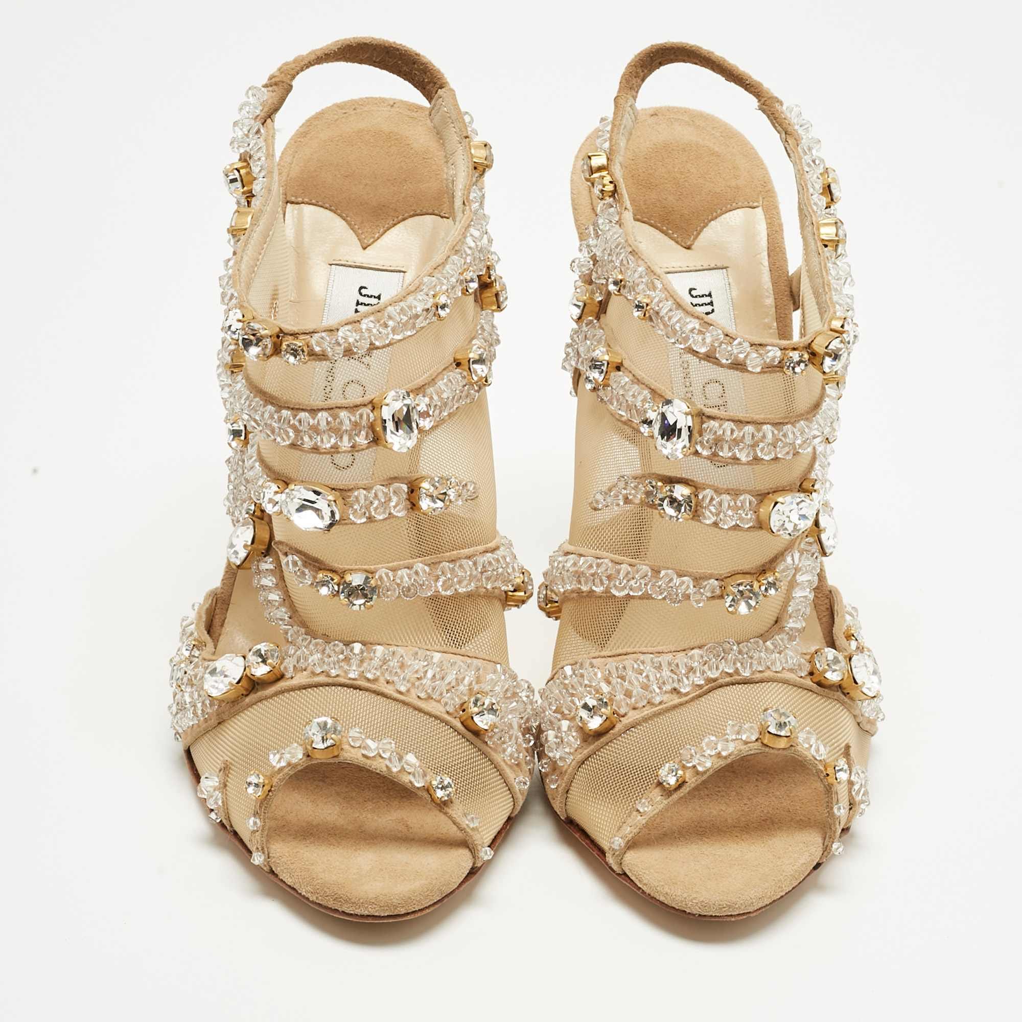 Jimmy Choo Beige Mesh And Suede Crystal Embellished Slingback Sandals