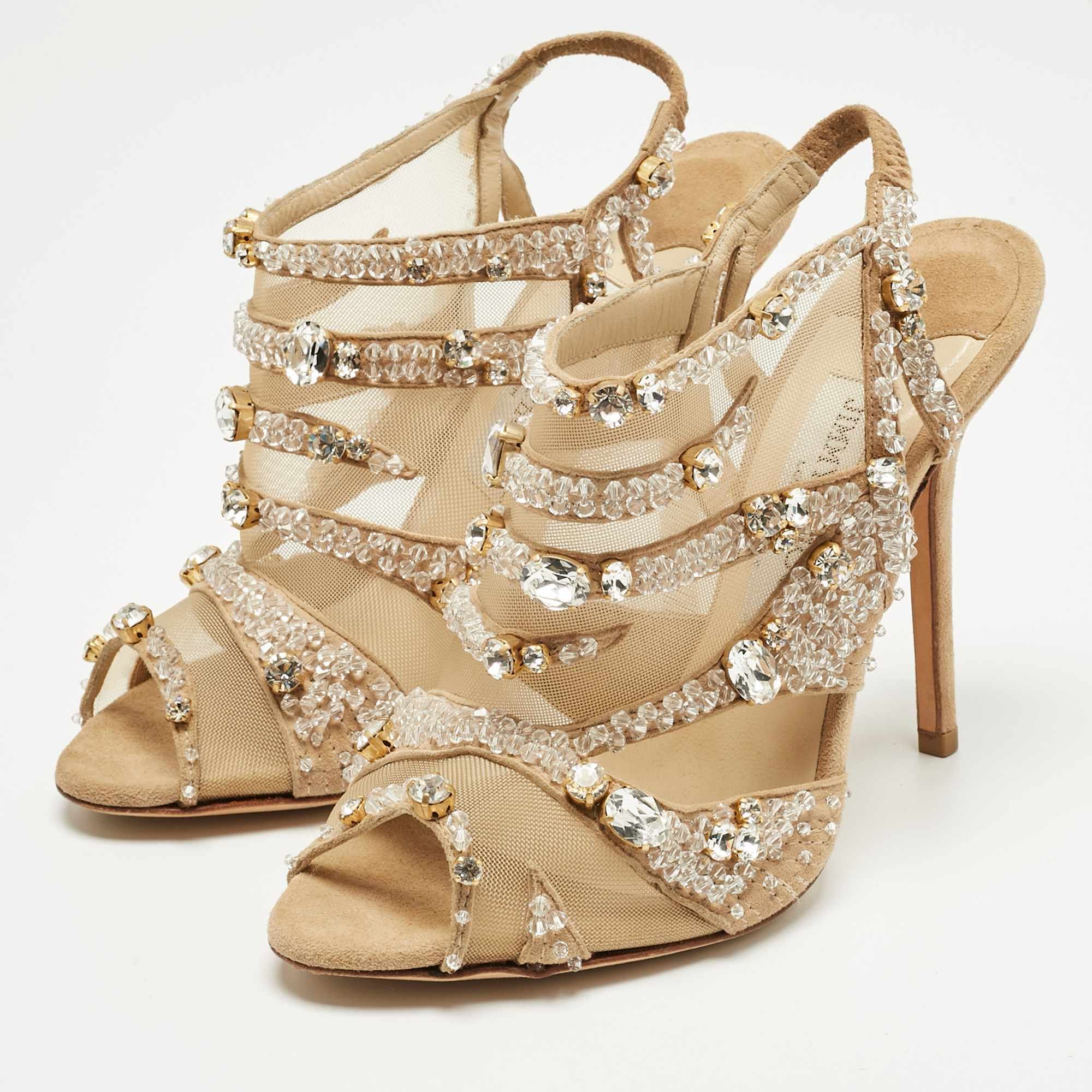 Jimmy Choo Beige Mesh And Suede Crystal Embellished Slingback Sandals