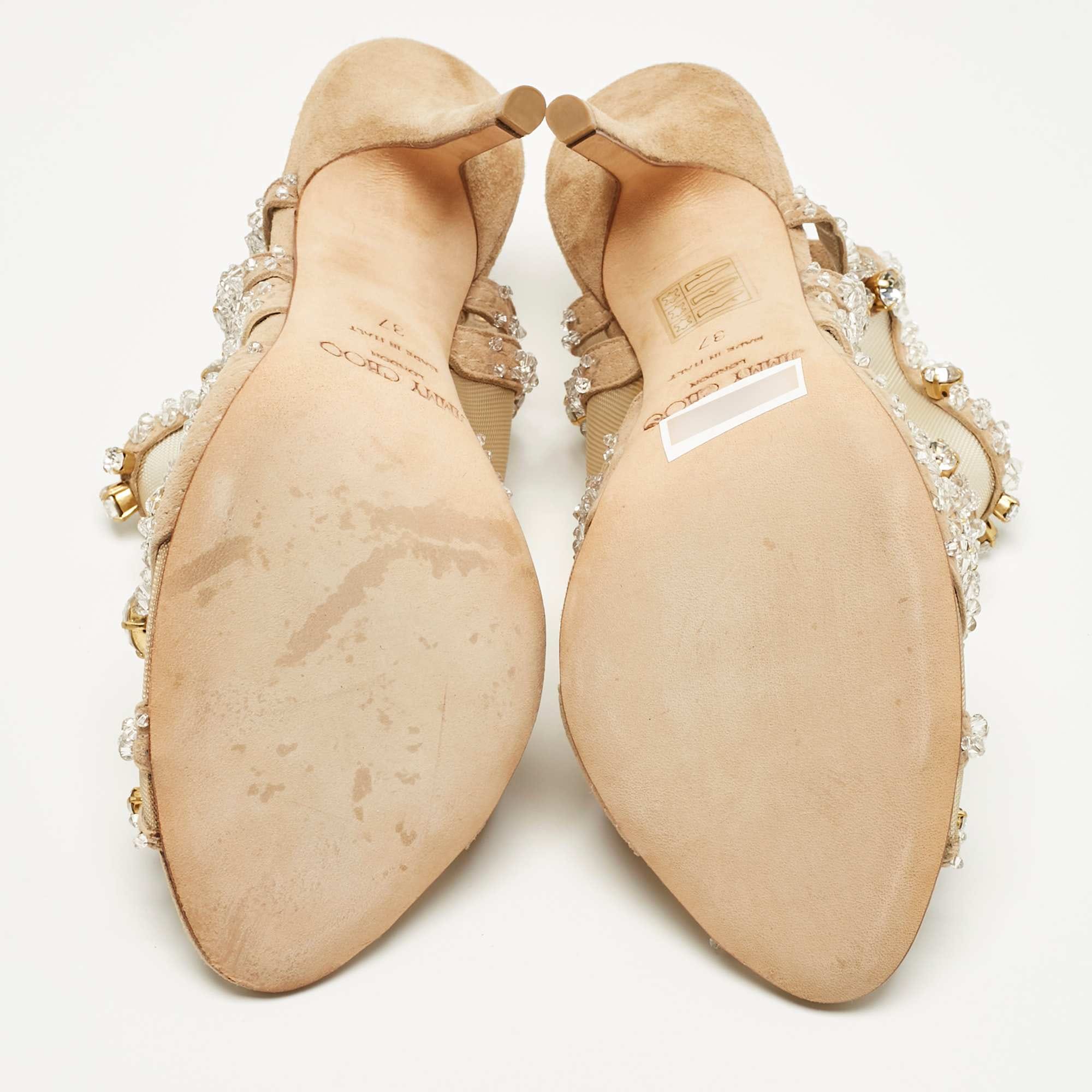 Jimmy Choo Beige Mesh And Suede Crystal Embellished Slingback Sandals