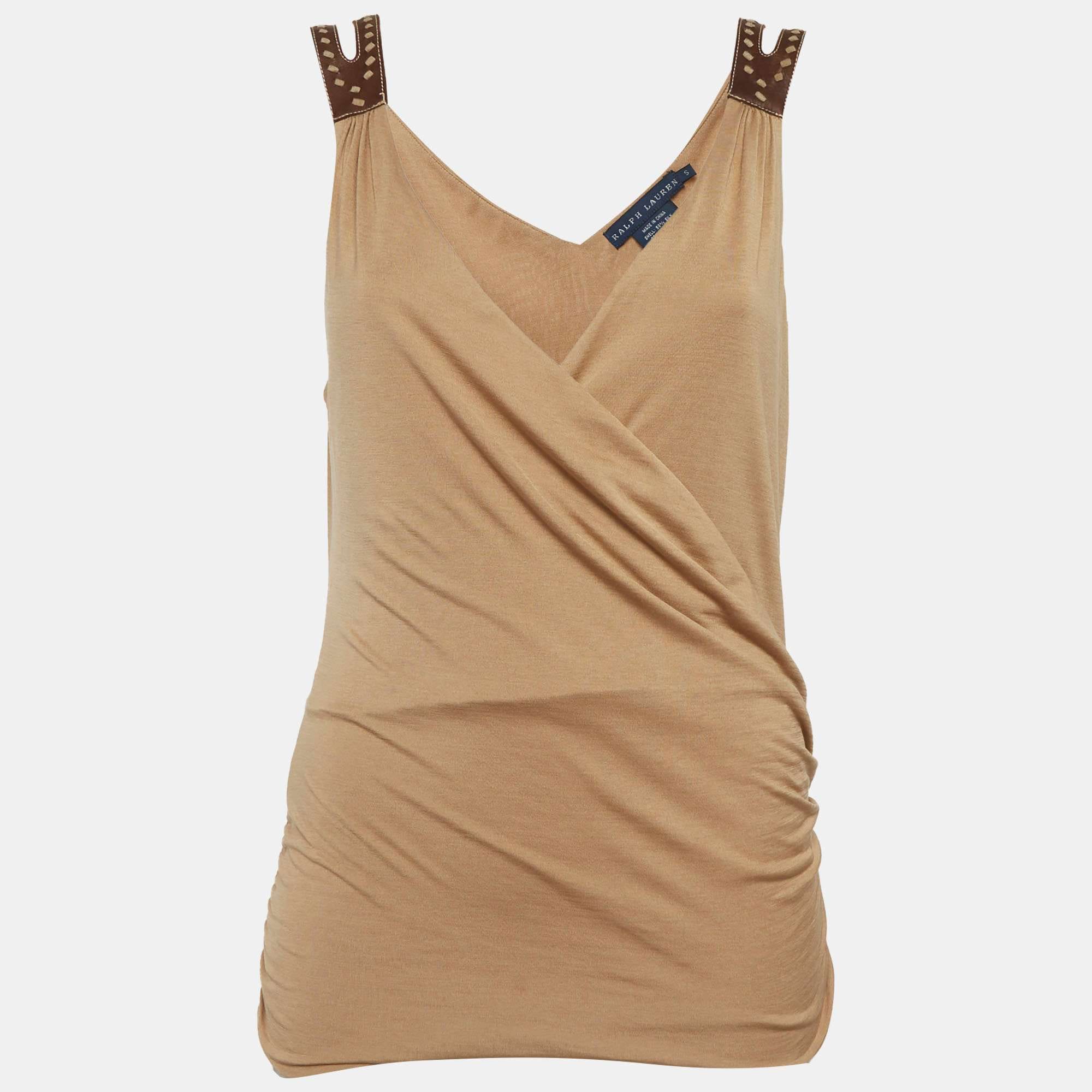 Ralph Lauren Brown Jersey And Leather Draped Top