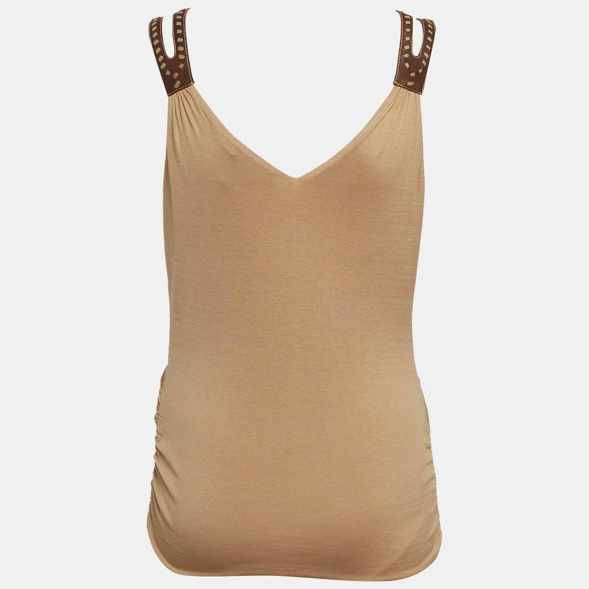 Ralph Lauren Brown Jersey And Leather Draped Top