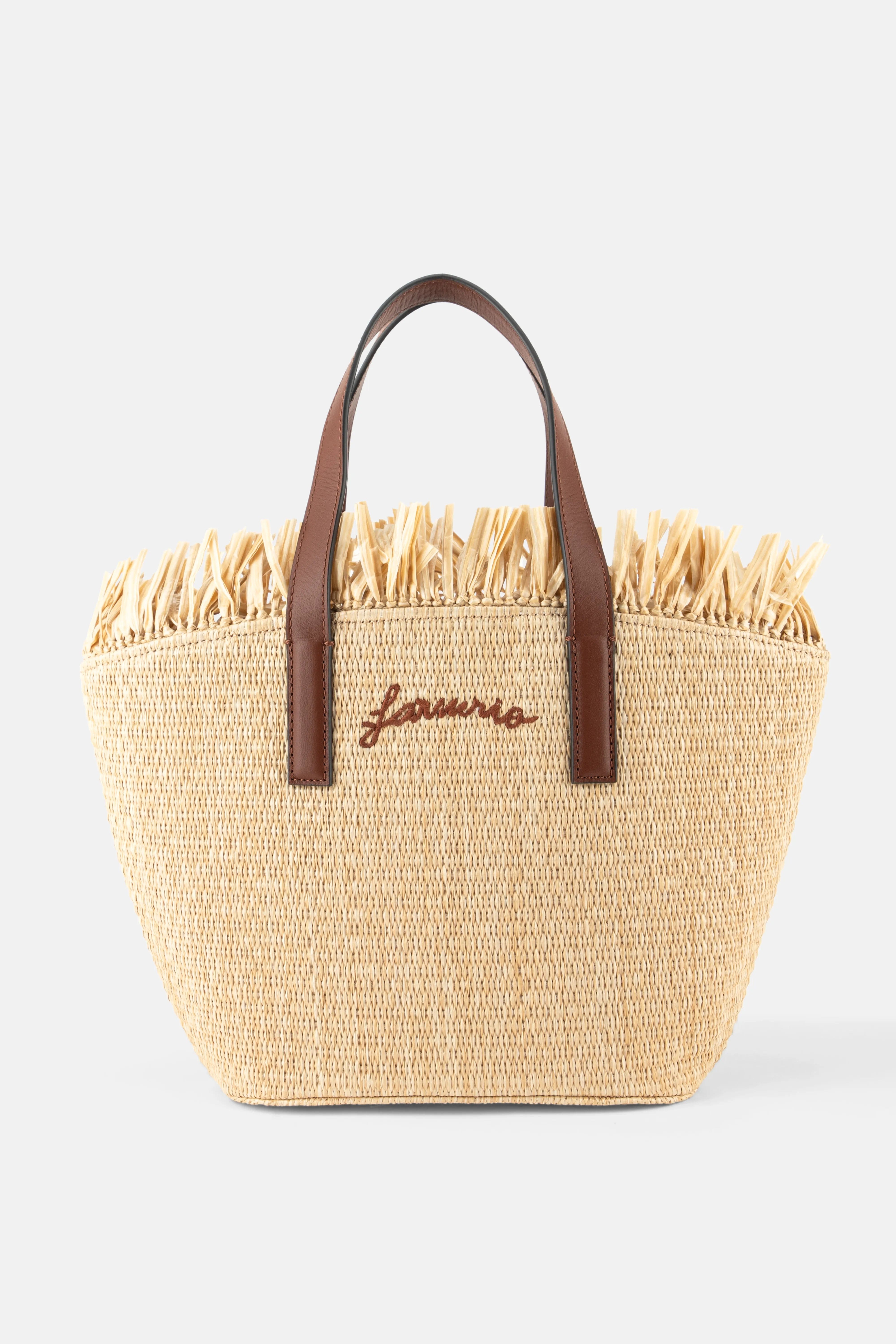 FARM RIO Printed Raffia Mini Basket Tote Bag in Beige
