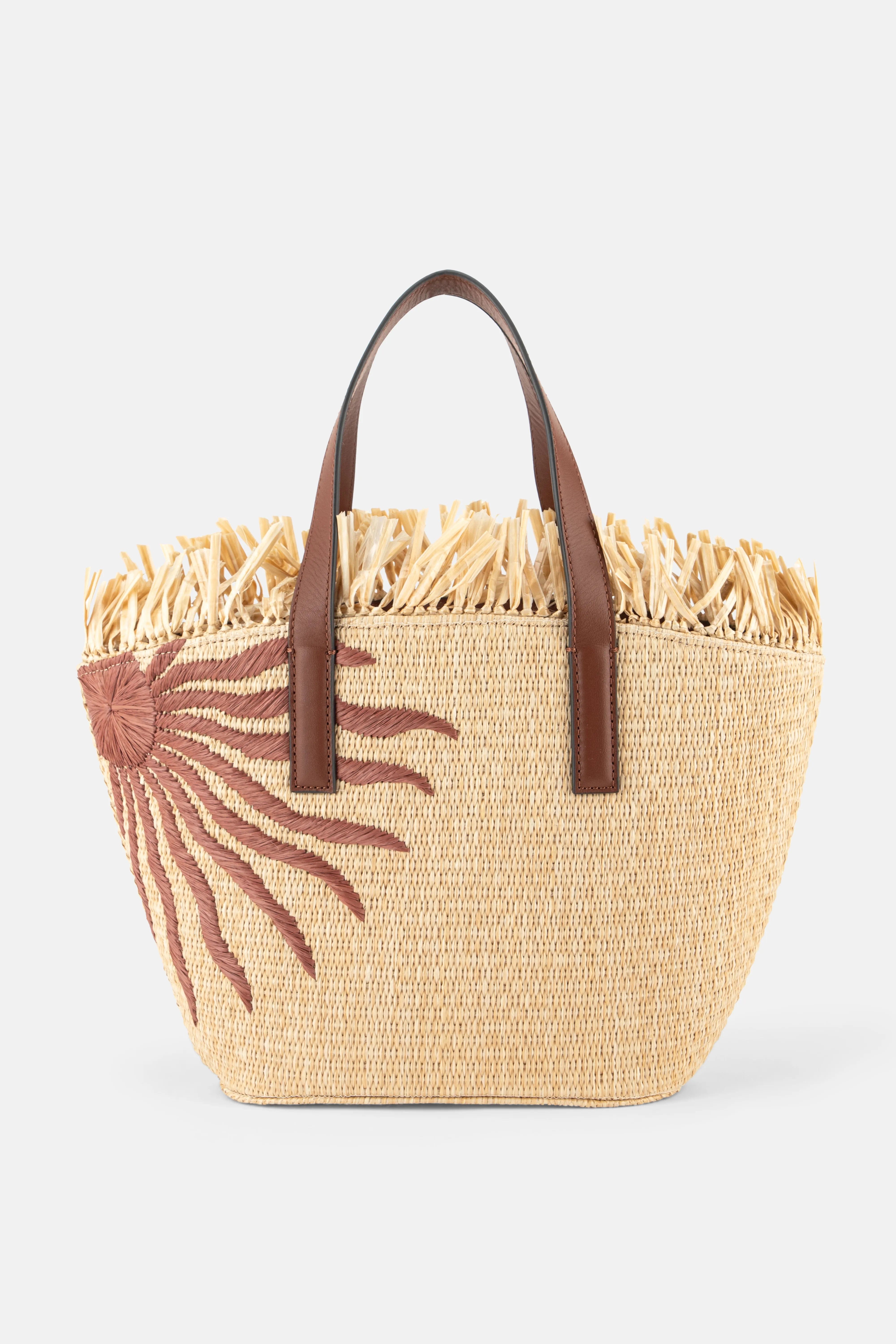 FARM RIO Printed Raffia Mini Basket Tote Bag in Beige