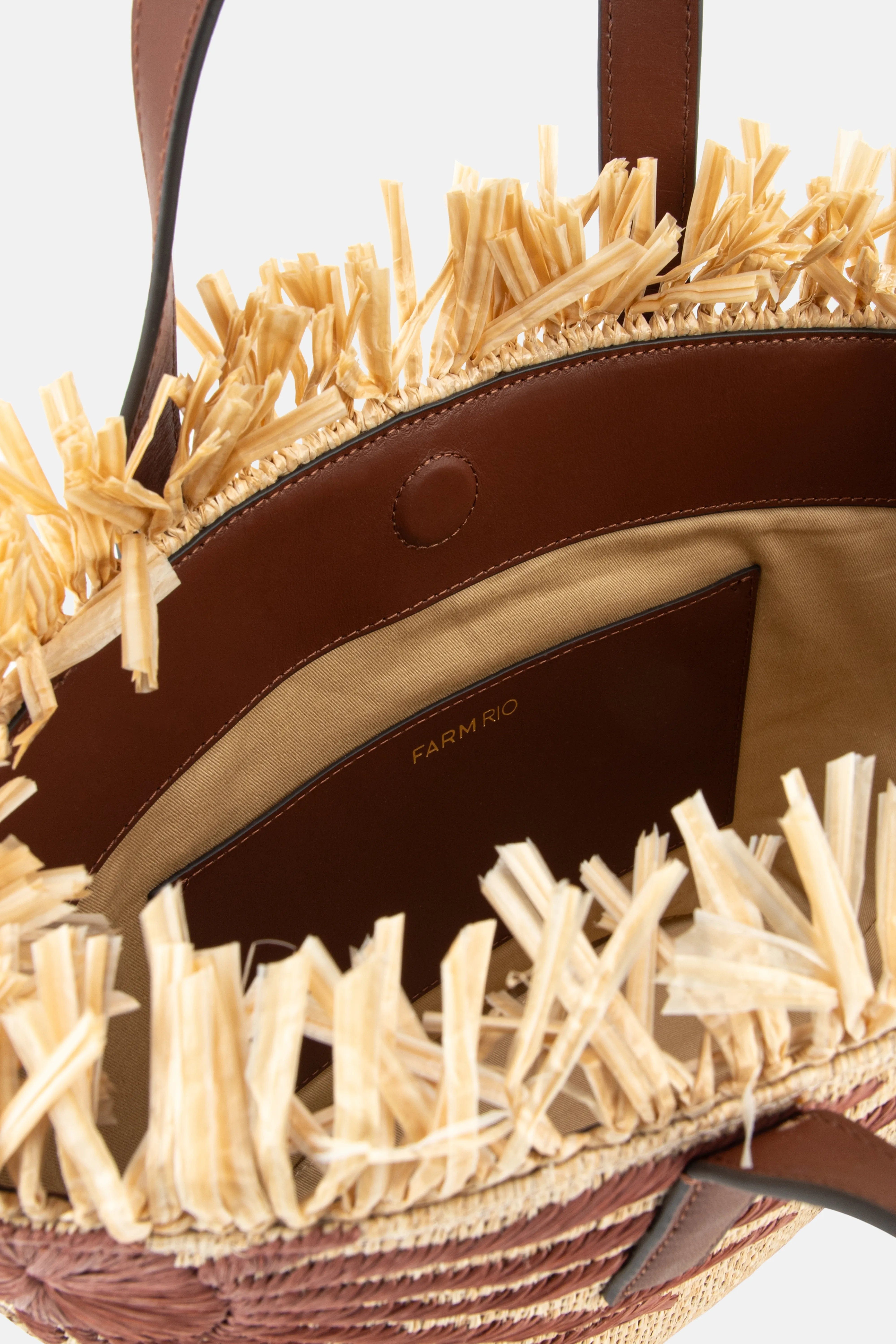 FARM RIO Printed Raffia Mini Basket Tote Bag in Beige