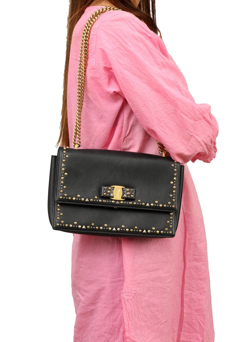 Salvatore Ferragamo Vara Ribbon Studded Chain Shoulder Bag