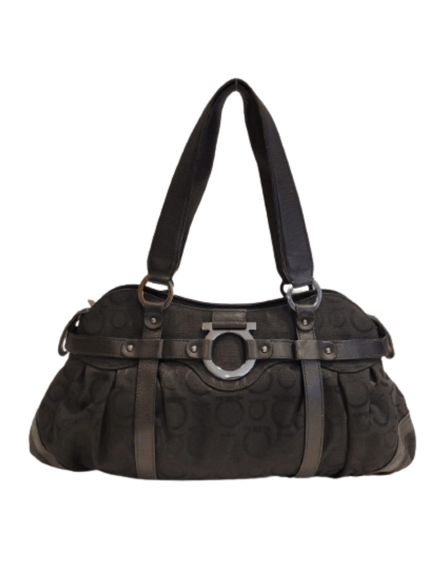 Salvatore Ferragamo Black Canvas Leather Trims Shoulder Bag