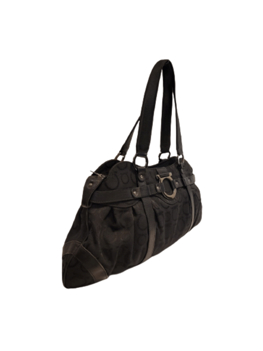 Salvatore Ferragamo Black Canvas Leather Trims Shoulder Bag