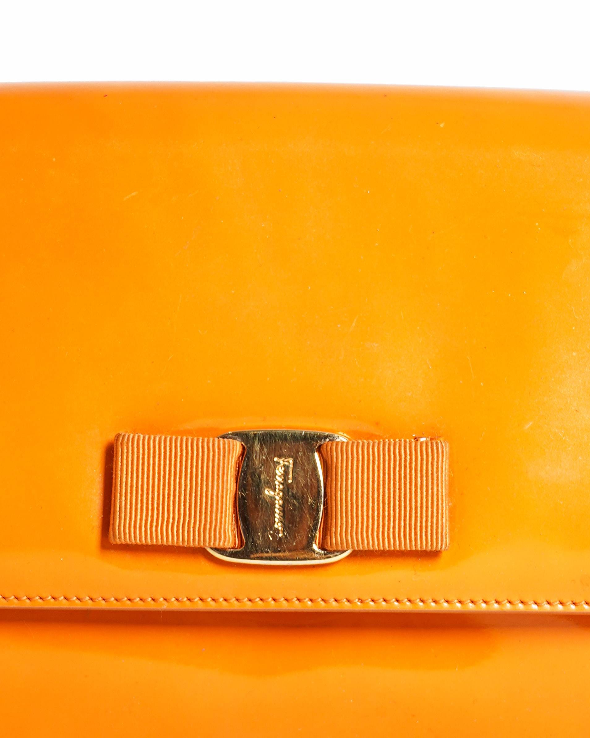 Salvatore Ferragamo Vara Bow Flap Bag in Orange Patent Leather