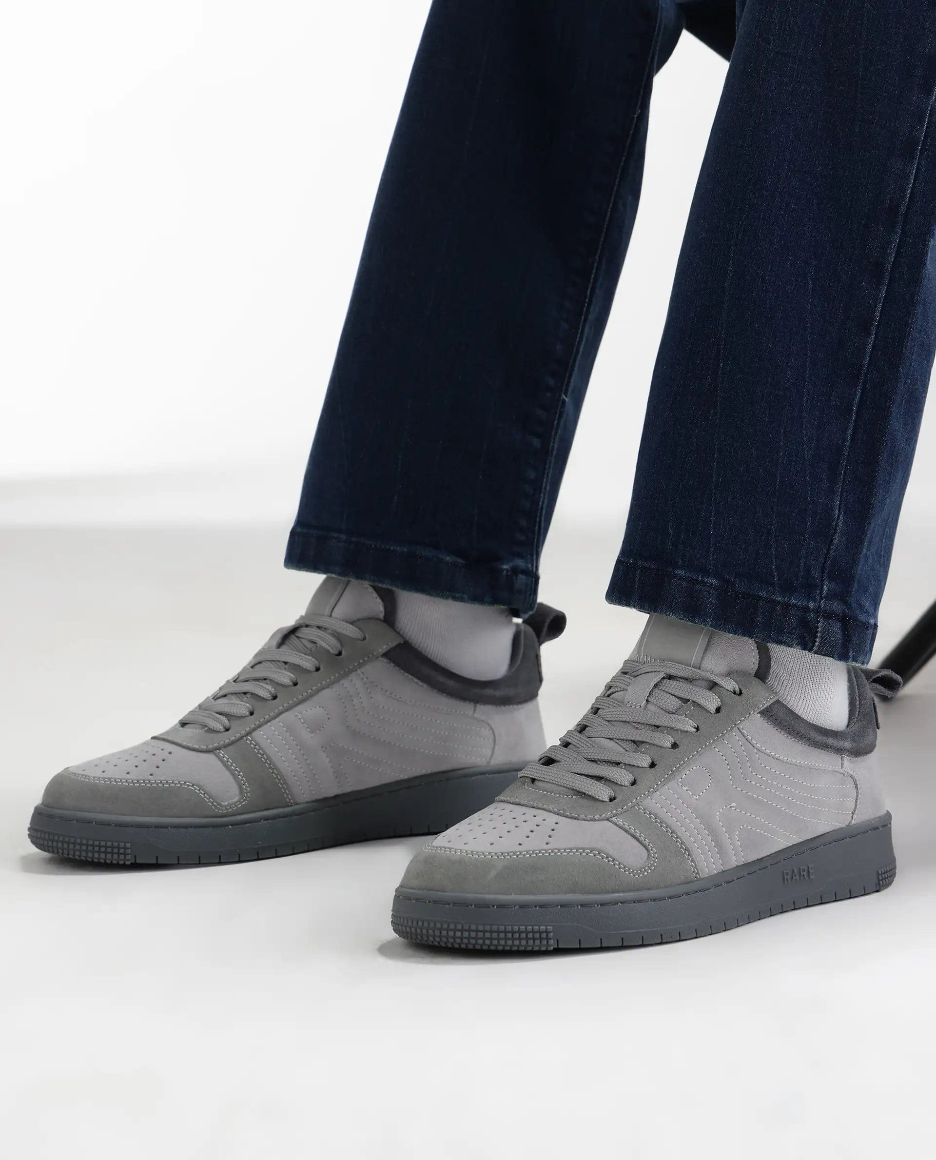 Rarez Men's Banes Light Grey Genuine Suede Leather Low - Top Lace Up Sneaker Shoes