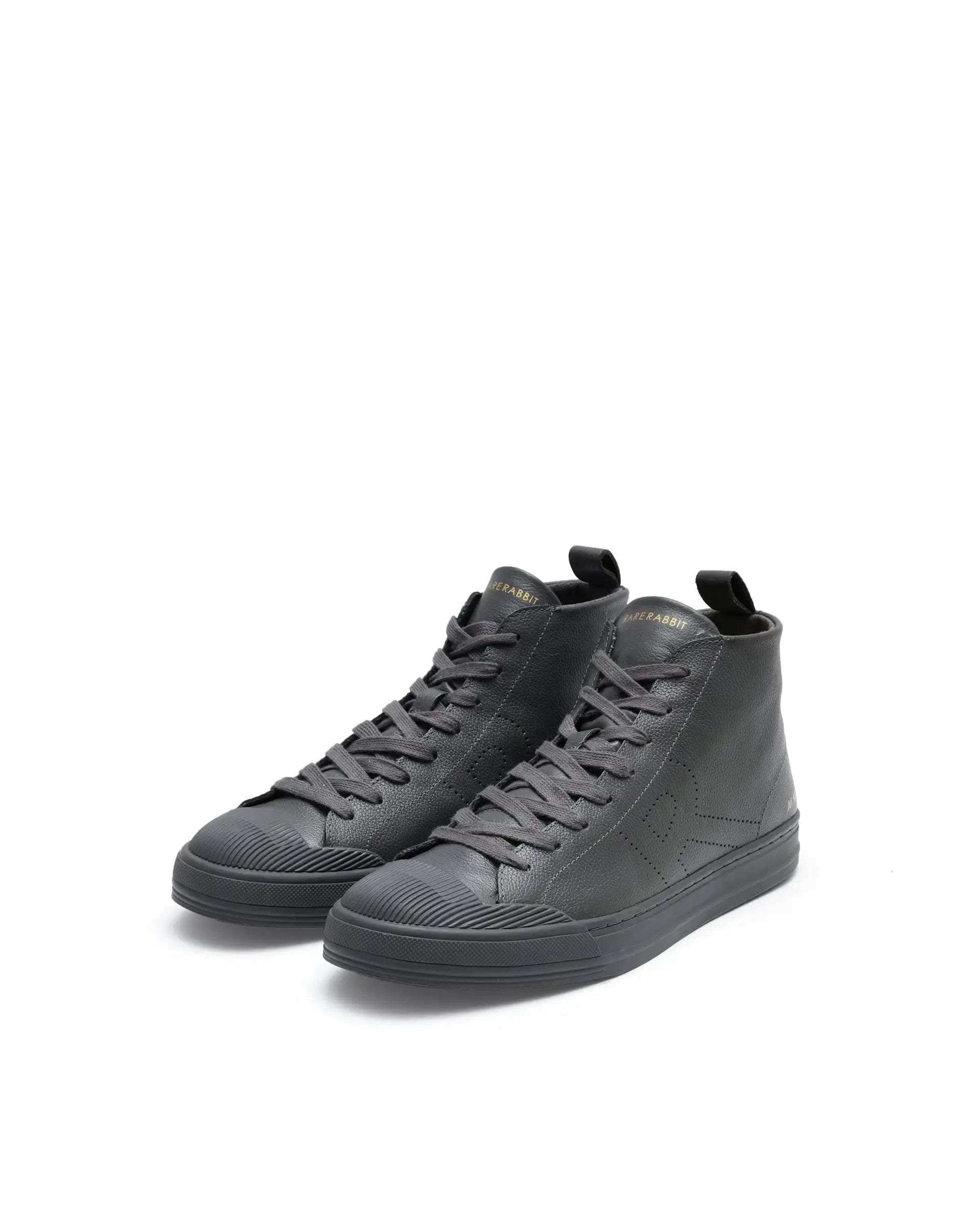 RAREZ Rare Rabbit Mens Sauron Hi Pro Dark Grey Premium Milled Leather Lace Up High Top Round Toe Sneaker Shoes