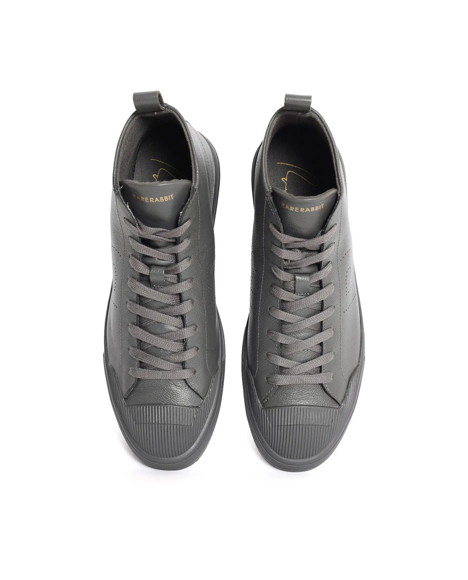 RAREZ Rare Rabbit Mens Sauron Hi Pro Dark Grey Premium Milled Leather Lace Up High Top Round Toe Sneaker Shoes