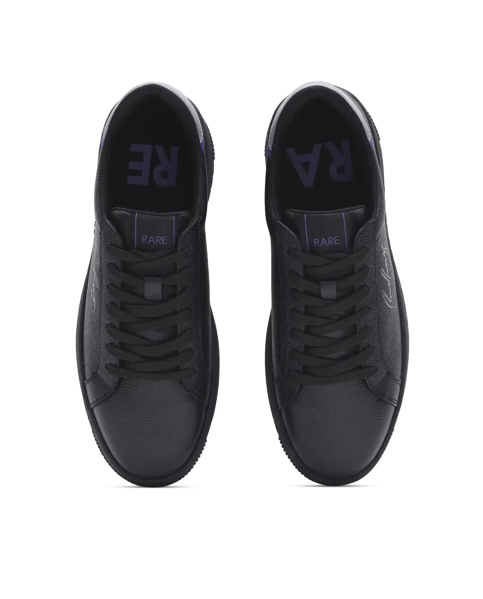 RAREZ Rare Rabbit Men Elliot Black Genuine Leather Embroidered Signature Low - Top Lace - Up Closure Sneaker