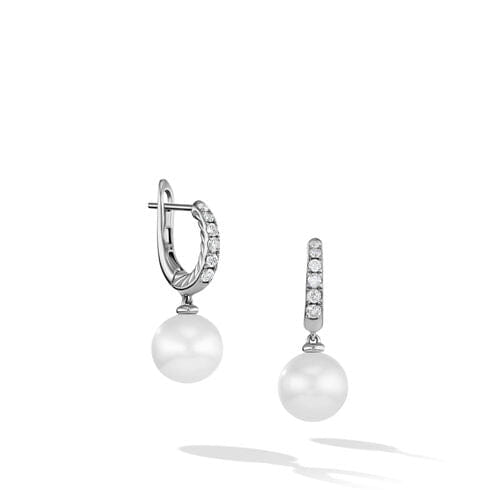 David Yurman Pearl and Pavé Drop Earrings in Sterling Silver with Diamonds