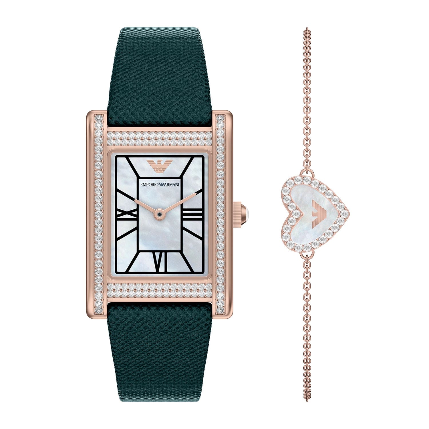 Emporio Armani Women's Two - Hand Green Leather Watch and Rose - Gold Tone Bracelet Set