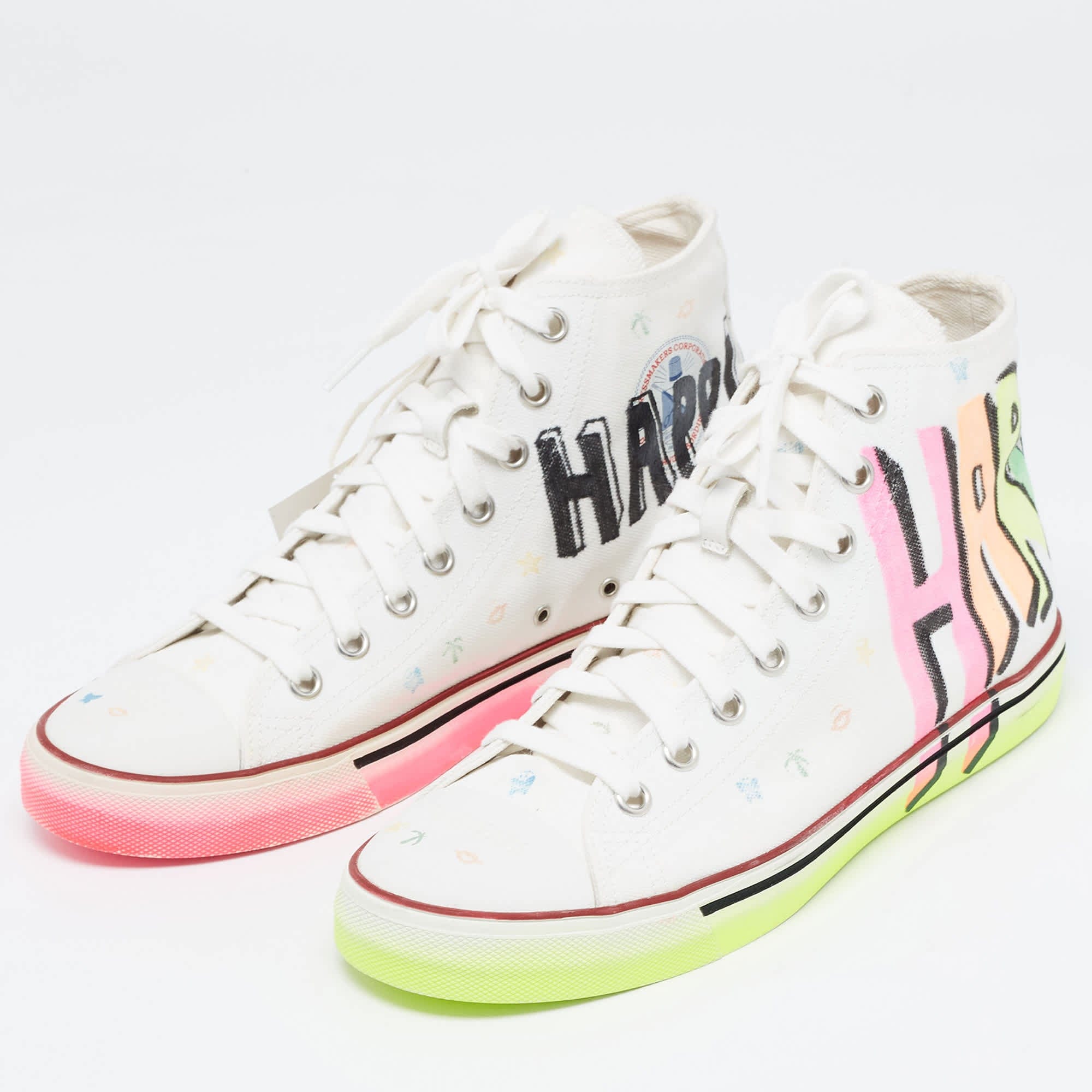 Vetements White Canvas Printed Hard Core Happiness High Top Sneakers