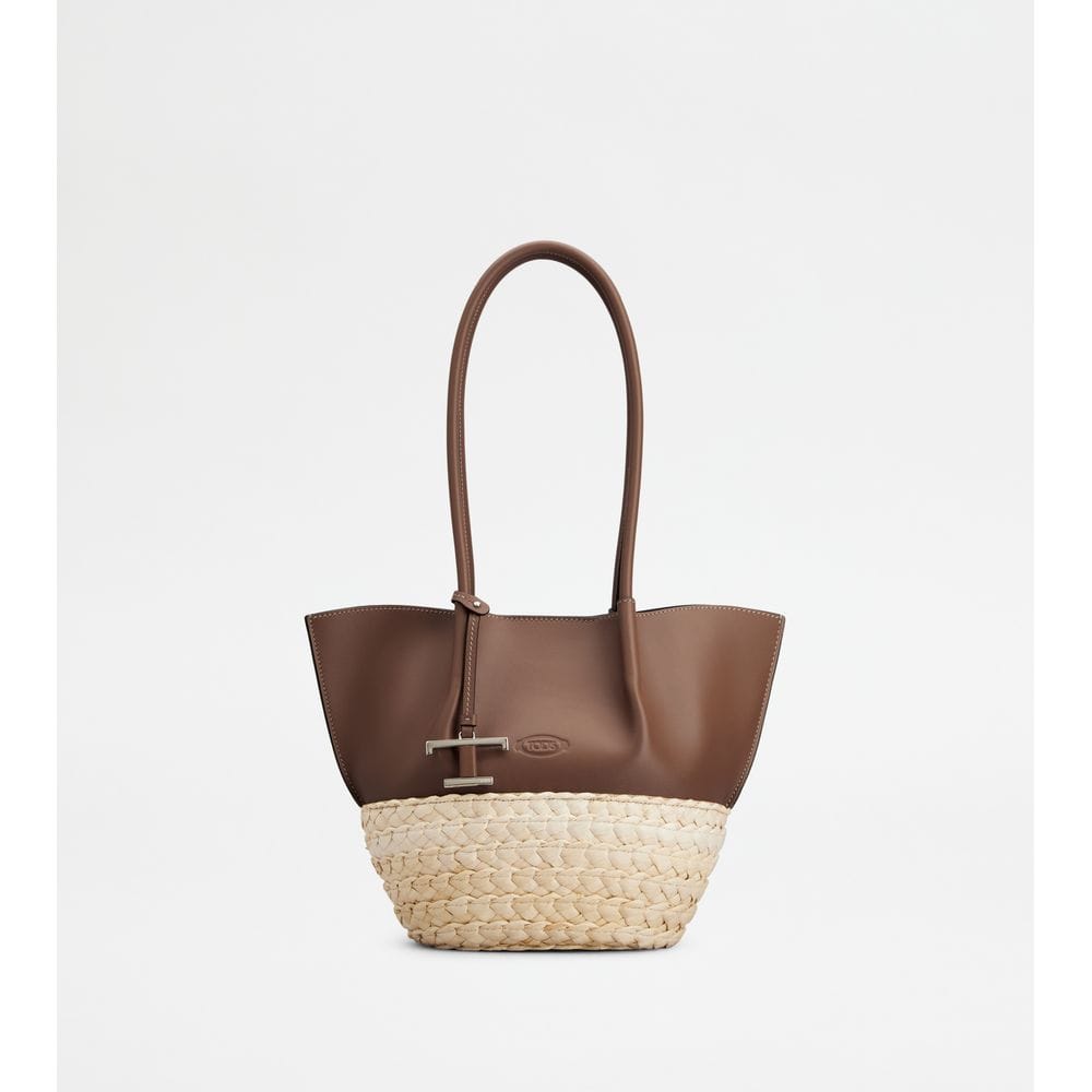 Tod's Tods Shopping Bag In Straw And Leather Small Brown