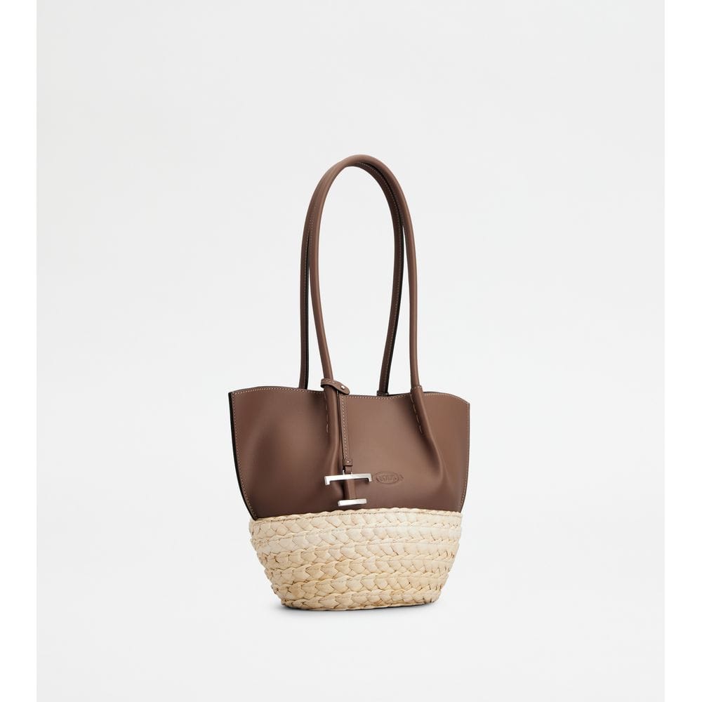 Tod's Tods Shopping Bag In Straw And Leather Small Brown