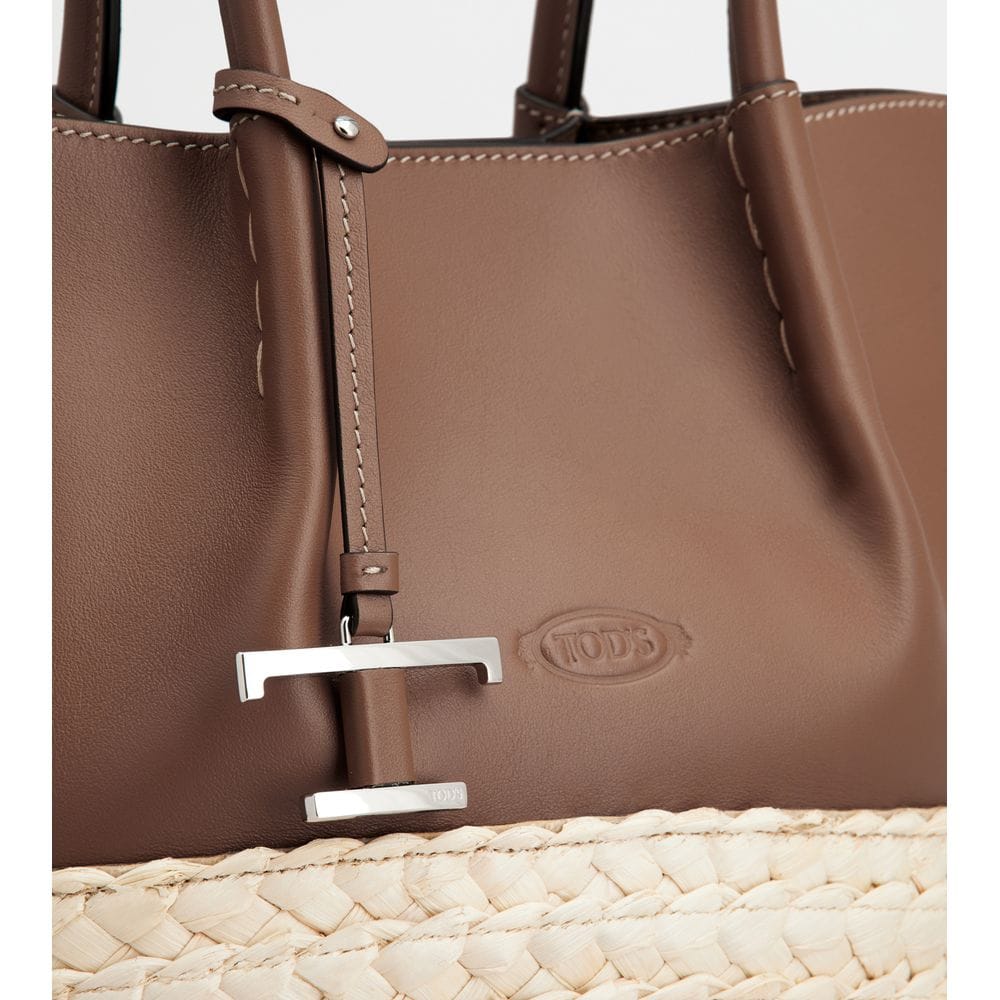 Tod's Tods Shopping Bag In Straw And Leather Small Brown