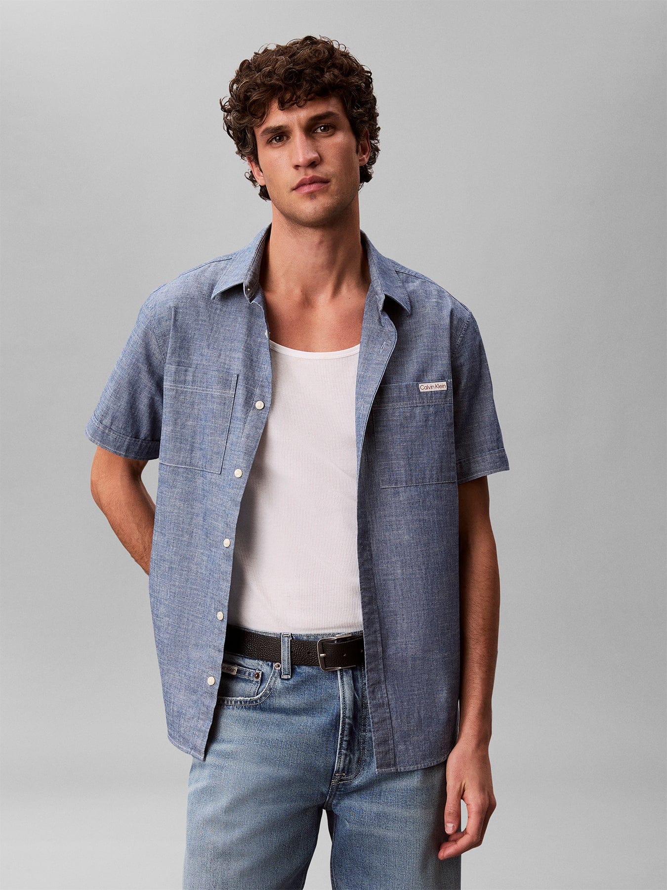 Calvin Klein Cotton Chambray Short Sleeve Shirt Blue