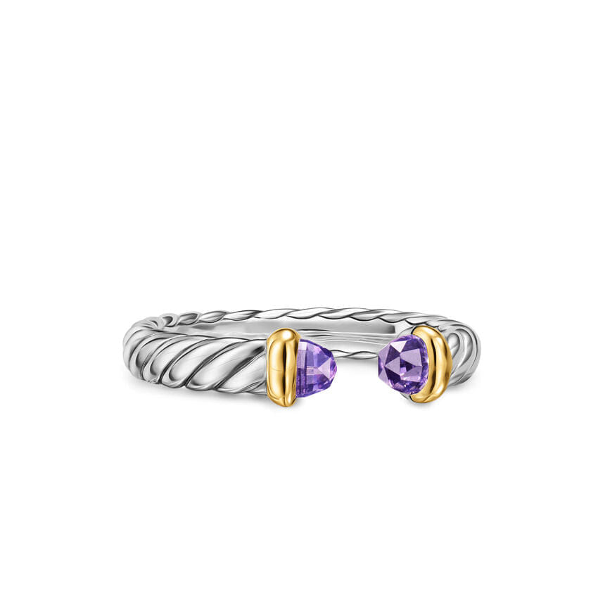 David Yurman Petite Cable Open Ring in Sterling Silver with 14K Yellow Gold and Amethyst, 3.4 mm, Size 5