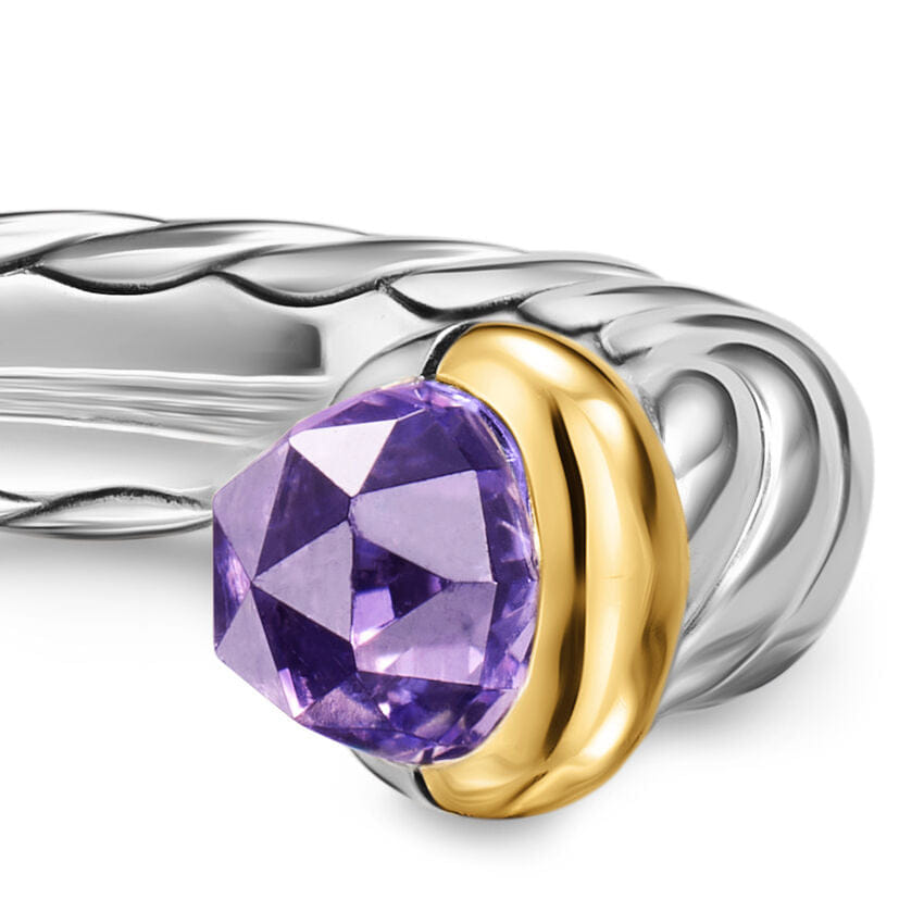 David Yurman Petite Cable Open Ring in Sterling Silver with 14K Yellow Gold and Amethyst, 3.4 mm, Size 5