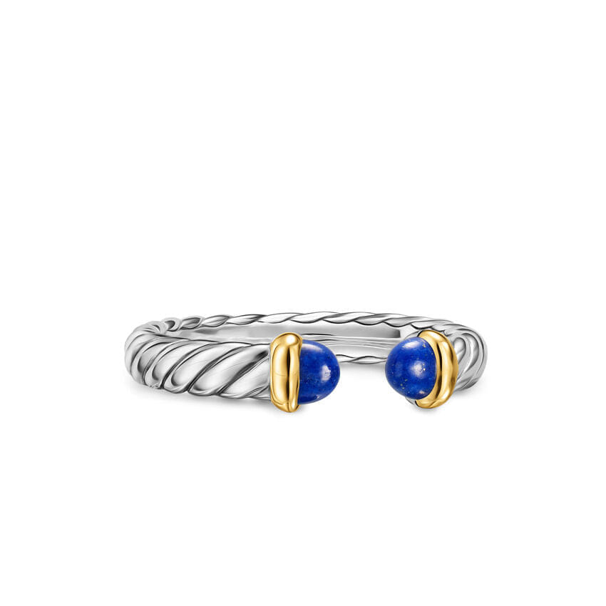 David Yurman Petite Cable Open Ring in Sterling Silver with 14K Yellow Gold and Lapis, 3.4 mm, Size 5