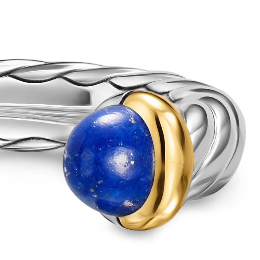 David Yurman Petite Cable Open Ring in Sterling Silver with 14K Yellow Gold and Lapis, 3.4 mm, Size 5
