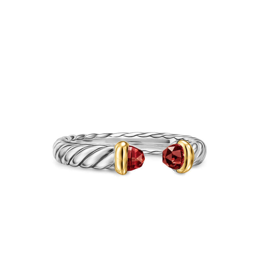 David Yurman Petite Cable Open Ring in Sterling Silver with 14K Yellow Gold and Rhodolite Garnet, 3.4 mm, Size 5