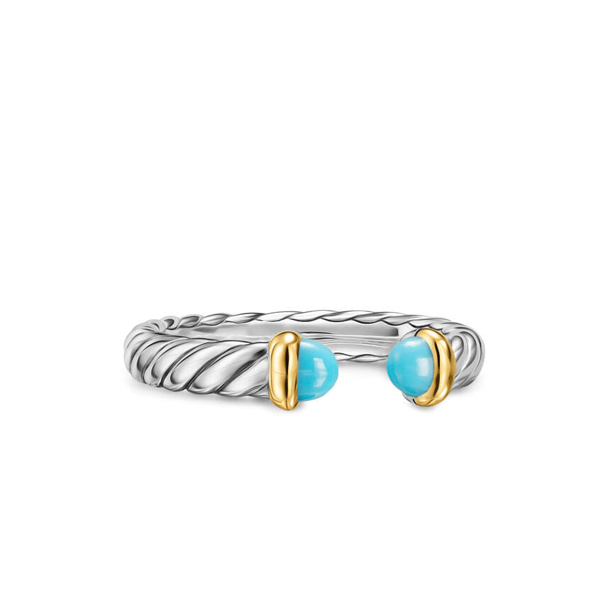 David Yurman Petite Cable Open Ring in Sterling Silver with 14K Yellow Gold and Turquoise, 3.4 mm, Size 6