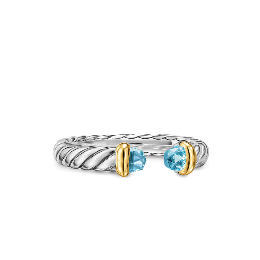 David Yurman Petite Cable Open Ring in Sterling Silver with 14K Yellow Gold and Blue Topaz, 3.4 mm, Size 7